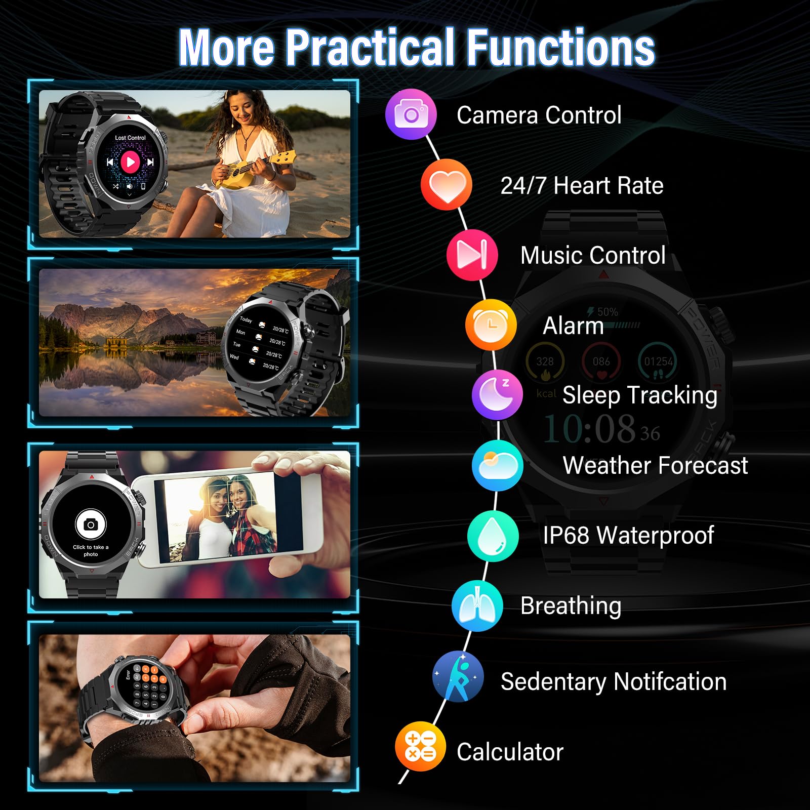 Smartwatch Uomo Militare con Chiamate Bluetooth, 1.39" HD Orologio Smart watch con 110+ Modalità Sportive, IP68 Impermeabile Tracker Attività con Sonno/Cardiofrequenzimetro per Android iOS, Nero