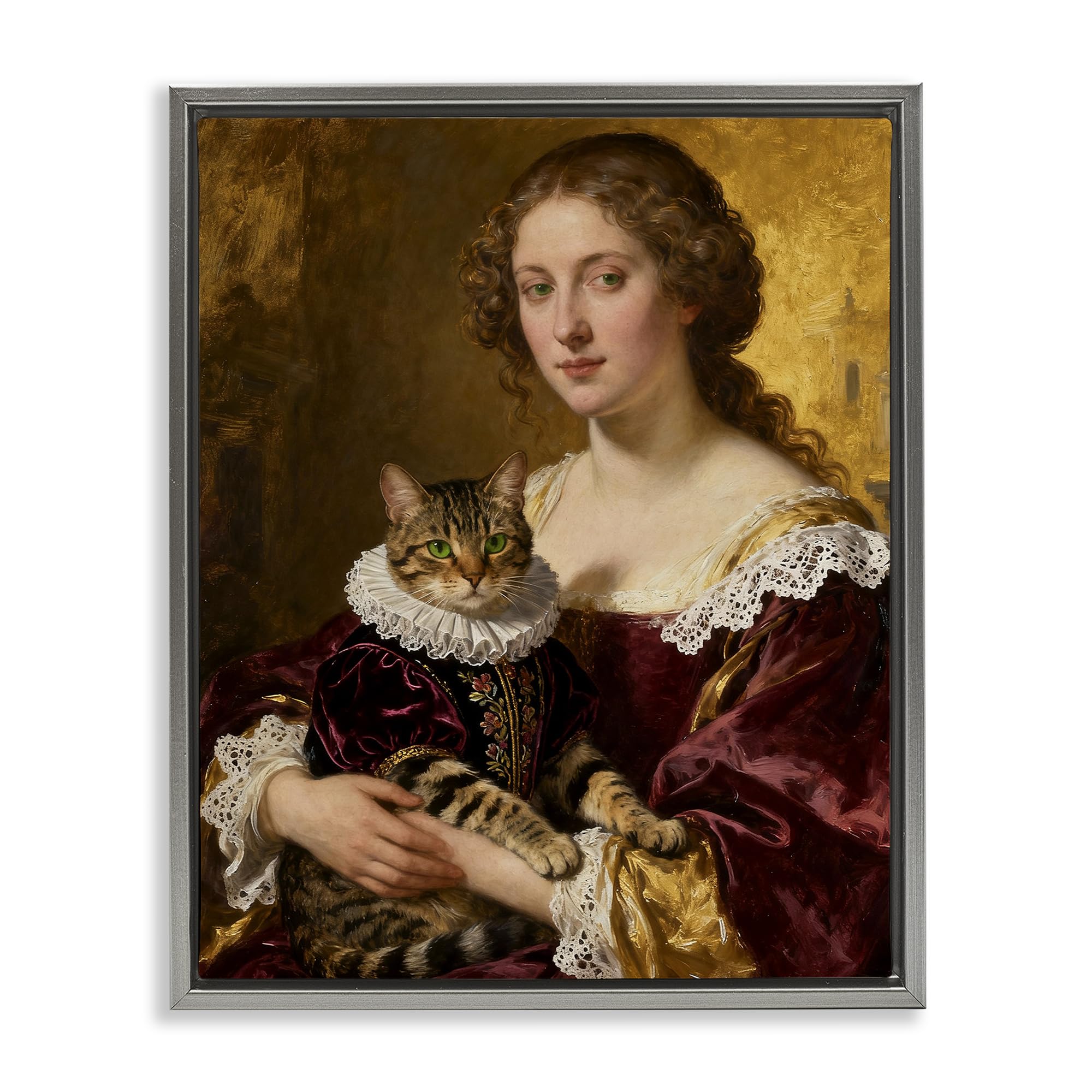 Stupell Industries Luster Gray (Matte) 'Renaissance Lady With Regal Cat'| Floating Frame Canvas Art