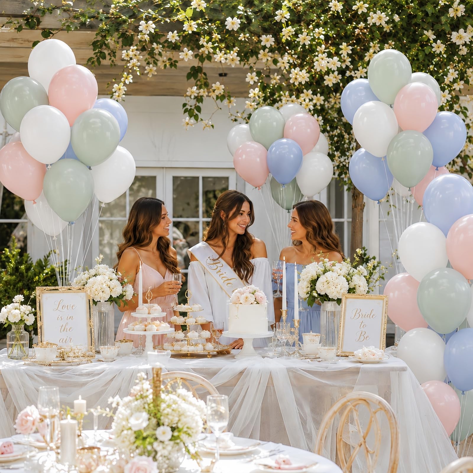 Pastelowe niebieskie zielone różowe białe balony, stonowane tęczowe zakurzone różowe niebieskie szałwiowe zielone białe lateksowe kolorowe balony na ślub boho urodziny baby shower ujawnienie płci las
