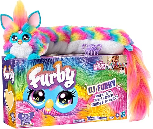 FURBY Juguete interactivo para DJ, peluche electrónico de arcoíris súper cómodo con música, luces, movimiento y juegos, habla inglés y furbish, 32