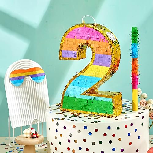 Miniatura 5 de MUWOOB Piñata arcoíris número 2 para decoraciones de fiesta de segundo cumpleaños, piñata de cumpleaños con palo y confeti, celebración de