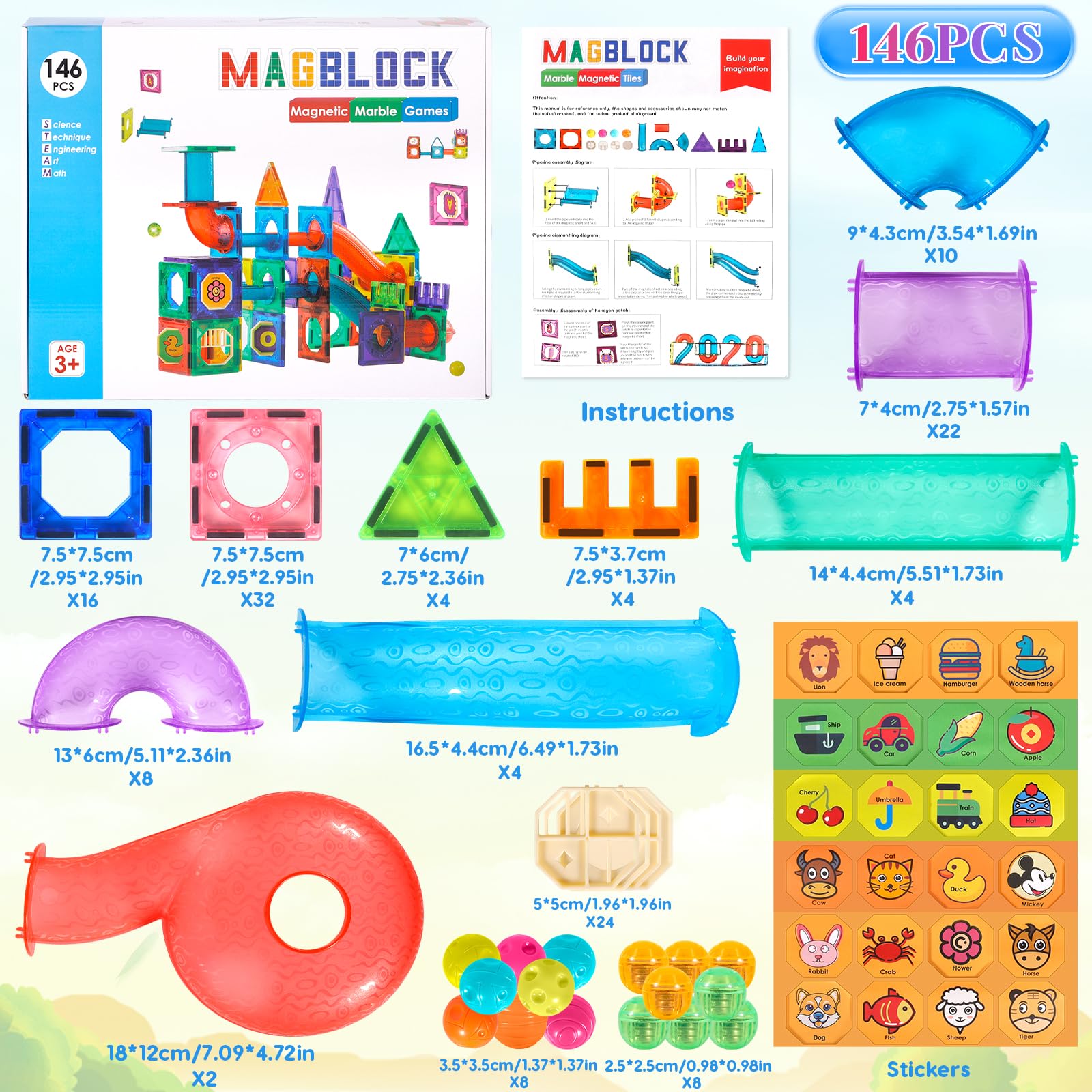 JUQG 146 Pcs Bloques de Construcción Magnéticos, Juego Construcción en 3D con Tuberías, Juguetes de Bloques de Construcción Educativos, Juguetes de Construcción para Niños para Niños Niñas 3+ (146Pcs) — view 2