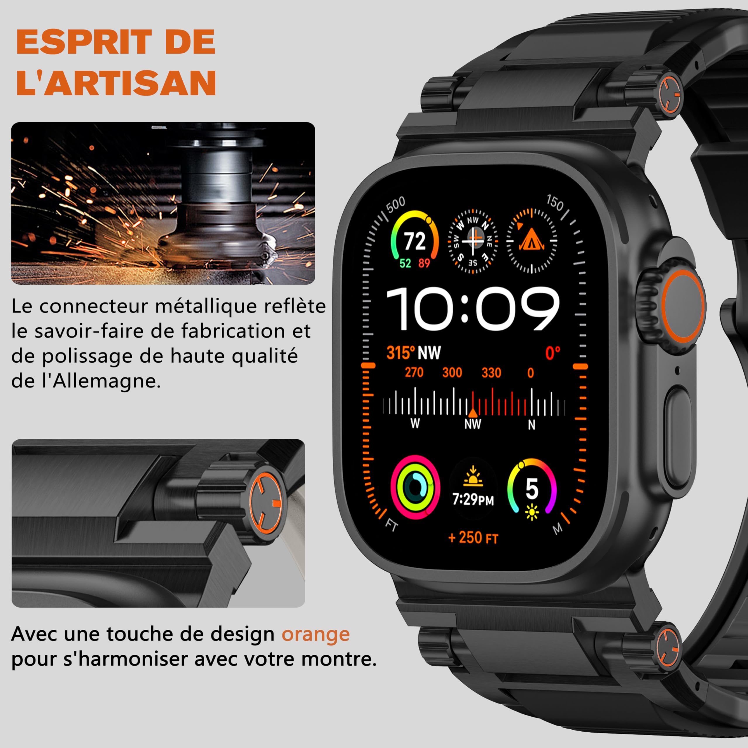 Bandletic Bracelet Compatible avec Apple Watch 49mm 46mm 45mm 44mm 42mm | Band rechange Robuste FKM avec élégant connecteur Métallique pour iWatch Ultra 3/2/1 Series 11 10 9 8 7 SE 6 5 4 3 2 1, Noir