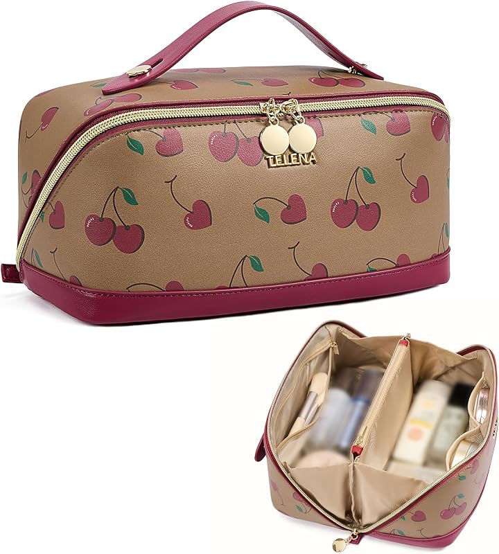 Necessaire de maquiagem Telena em couro sintético, portátil, com zíper, divisórias e resistência à água