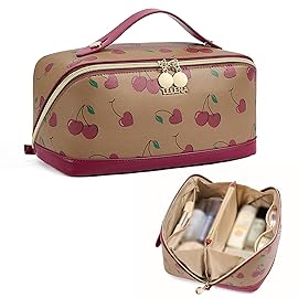Telena Leather Make Up Bag Portable Travel Makeup Bag Waterproof Cosmetic Bags for Women Large Capacity With Handle and Divider Open Flat