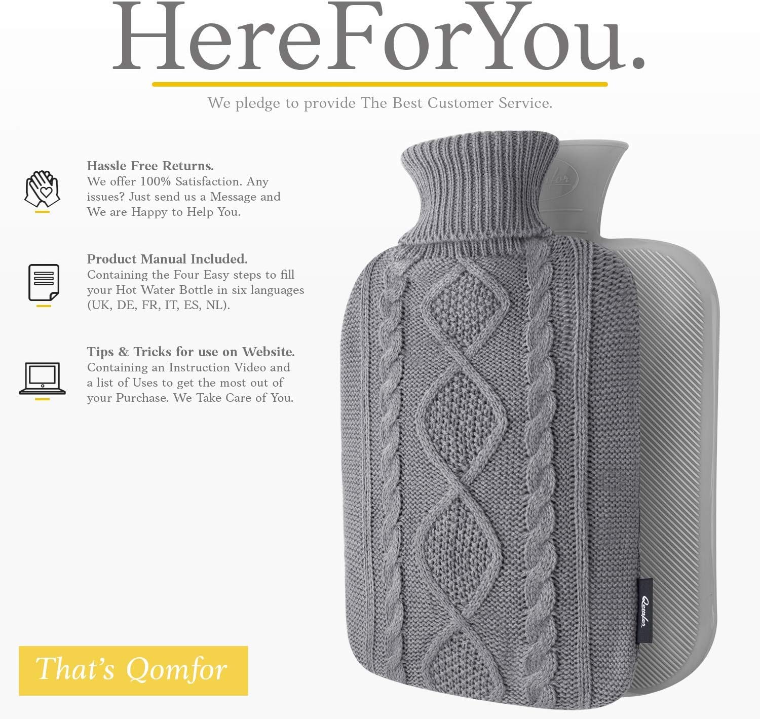Qomfor Hot Water Bottle with Cover - 1.8L Large - Premium Hot Water Bag with Knitted Sweater Cover - Great for Cramps, Pain Relief & Cozy Nights - Water Heating Pad - Feet & Bed Warmer - Gray : Health & Household