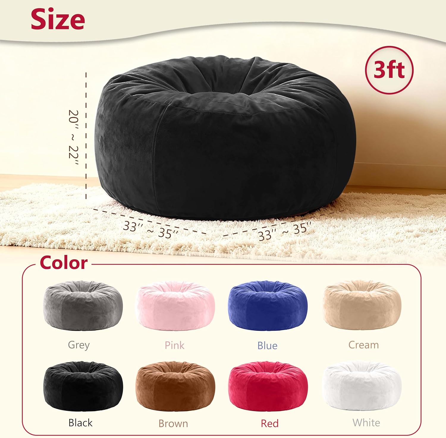 Giant Bean Bag Chair with Memory Foam Filling Beanbag for Adult 8 Colors, Machine Washable Removeable Flannel Cover, Soft Cozy for Bedroom, Living Room - 3 Feet Black
