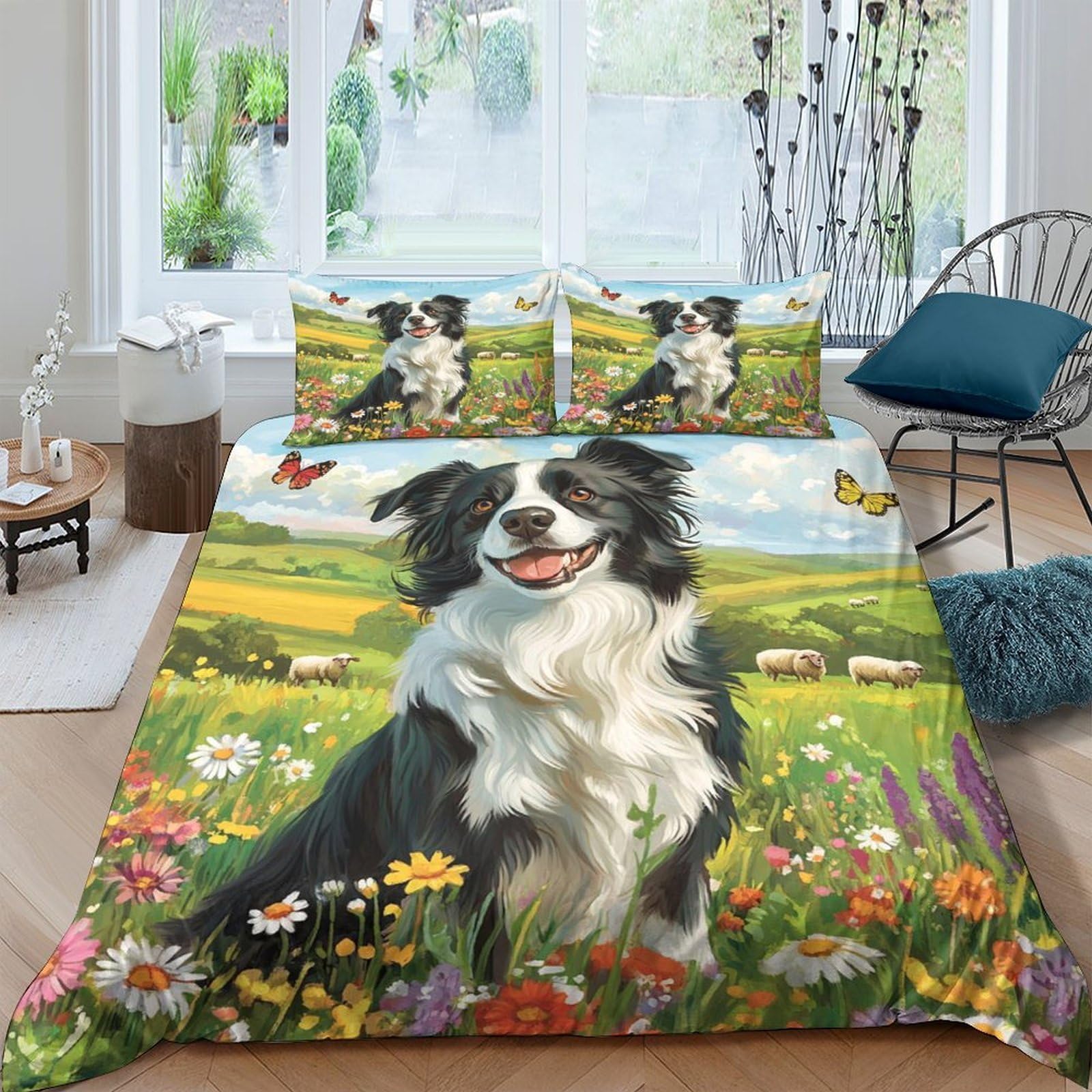 Ctjqhvkz Style-10 3D Printed Border Collie Meadow Fitted Sheet Microfiber Soft Dog Flower Bed Cover For Bedroom Guest Room Decor Single（135X200cm）