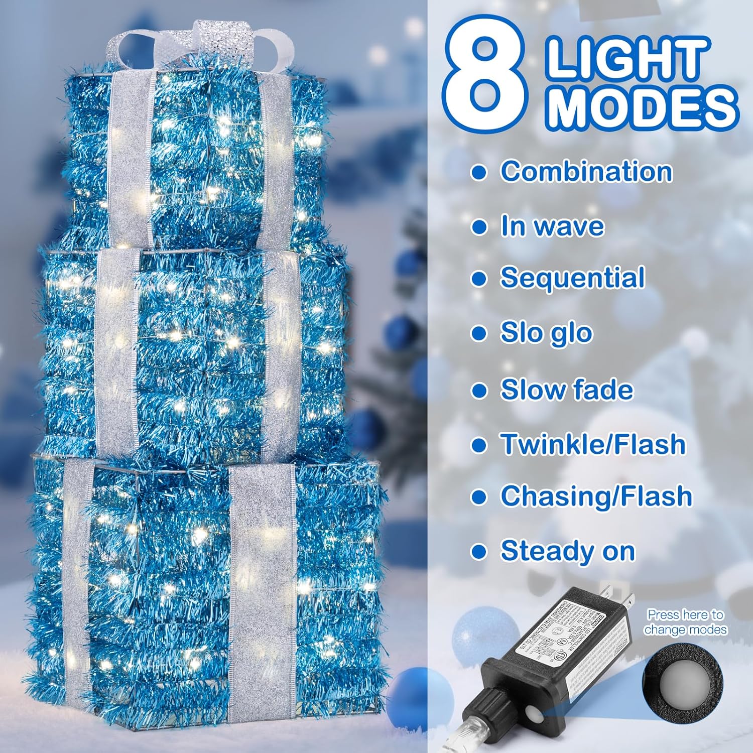 Blue Christmas Decorations, 140 LEDs Set of 3 Lighted Gift Boxes with 8 Modes, Bows, Timer, Warm White Present Boxes for Indoor Outdoor Holiday Party Yard Bedroom Home Xmas Decor