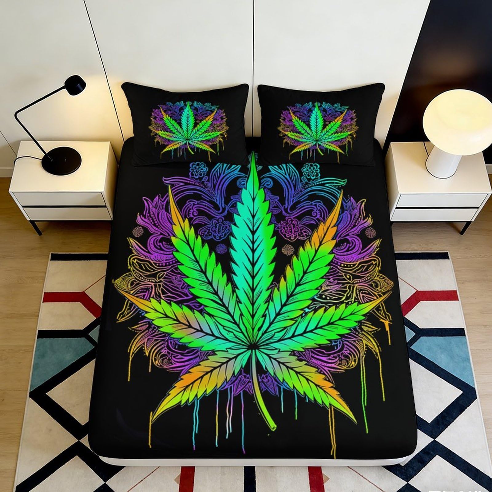 Jqzkxnhpbr Style-8 3D Printed Colorful Cannabis Leaf Fitted Sheet Microfiber Soft Anti-Slip Psychedelic Bed Cover For Bedroom Dorm Decor 90X200x25cm