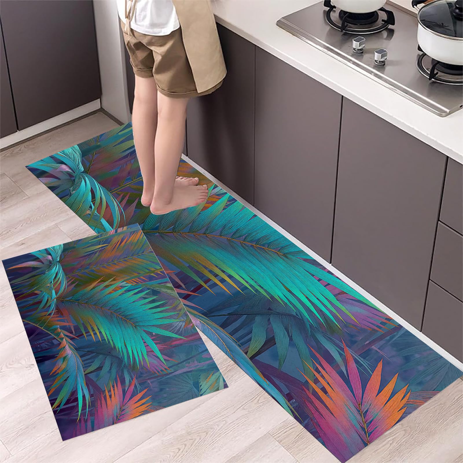 Tapis de cuisine antidérapant lavable style jungle abstraite palmier