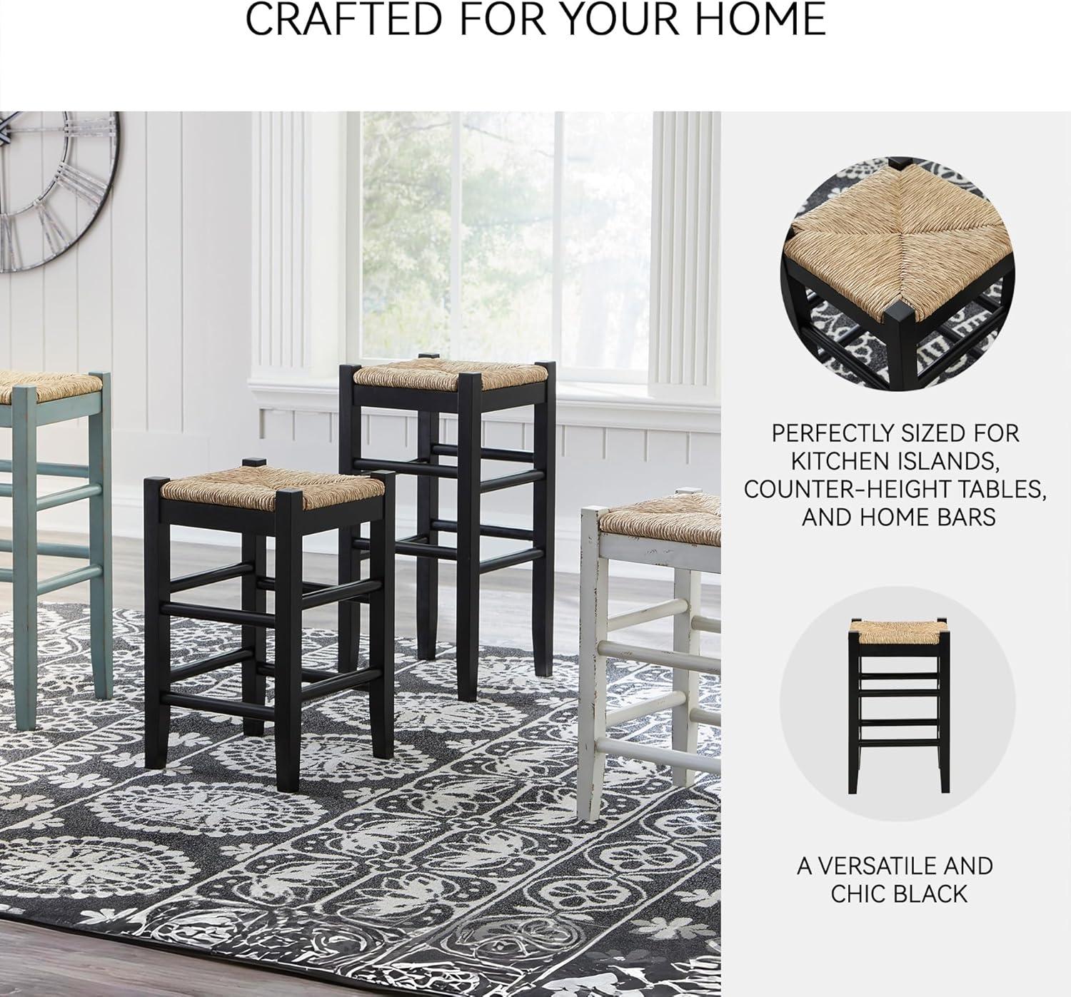 Signature Design by Ashley Mirimyn Farmhouse 23.63" Counter Height Bar Stool with Woven Wicker Seats, 2 Count, Black & Light Brown