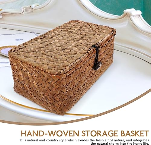 Miniatura 4 de BESPORTBLE Cestas de almacenamiento de pastos marinos con tapa, cestas de algas marinas de 9 pulgadas, cesta tejida a mano, organizador multiusos