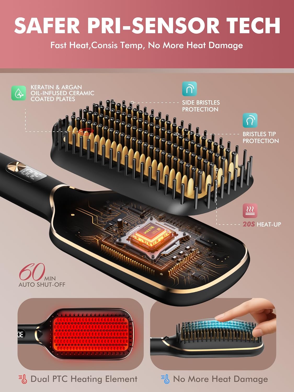 PRITECH Hair Straightener Brush - Upgraded Ionic Plus, Dense Bristles, 5 Temps, 20s Fast Heat, Anti-Scald, Dual Voltage | Ceramic for Thick/Curly Hair (Black Gold) - Image 4