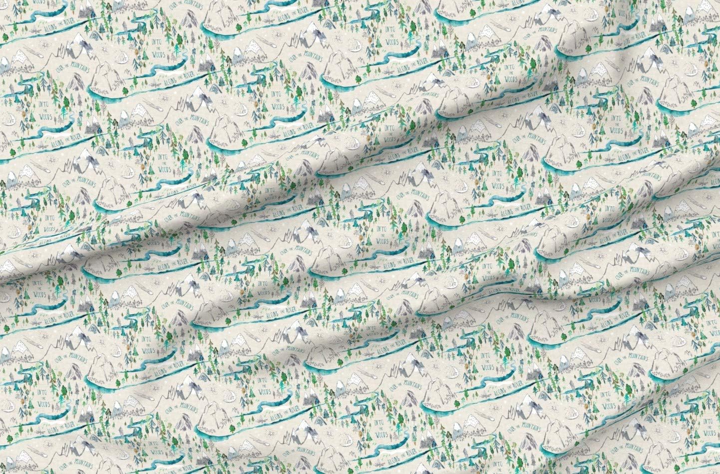 Spoonflower Fabric - Cream Mountain Map Moon River Camping Woodland Boy Printed on Organic Cotton Sateen Fabric by The Yard - Sewing Quilting Apparel Home Decor