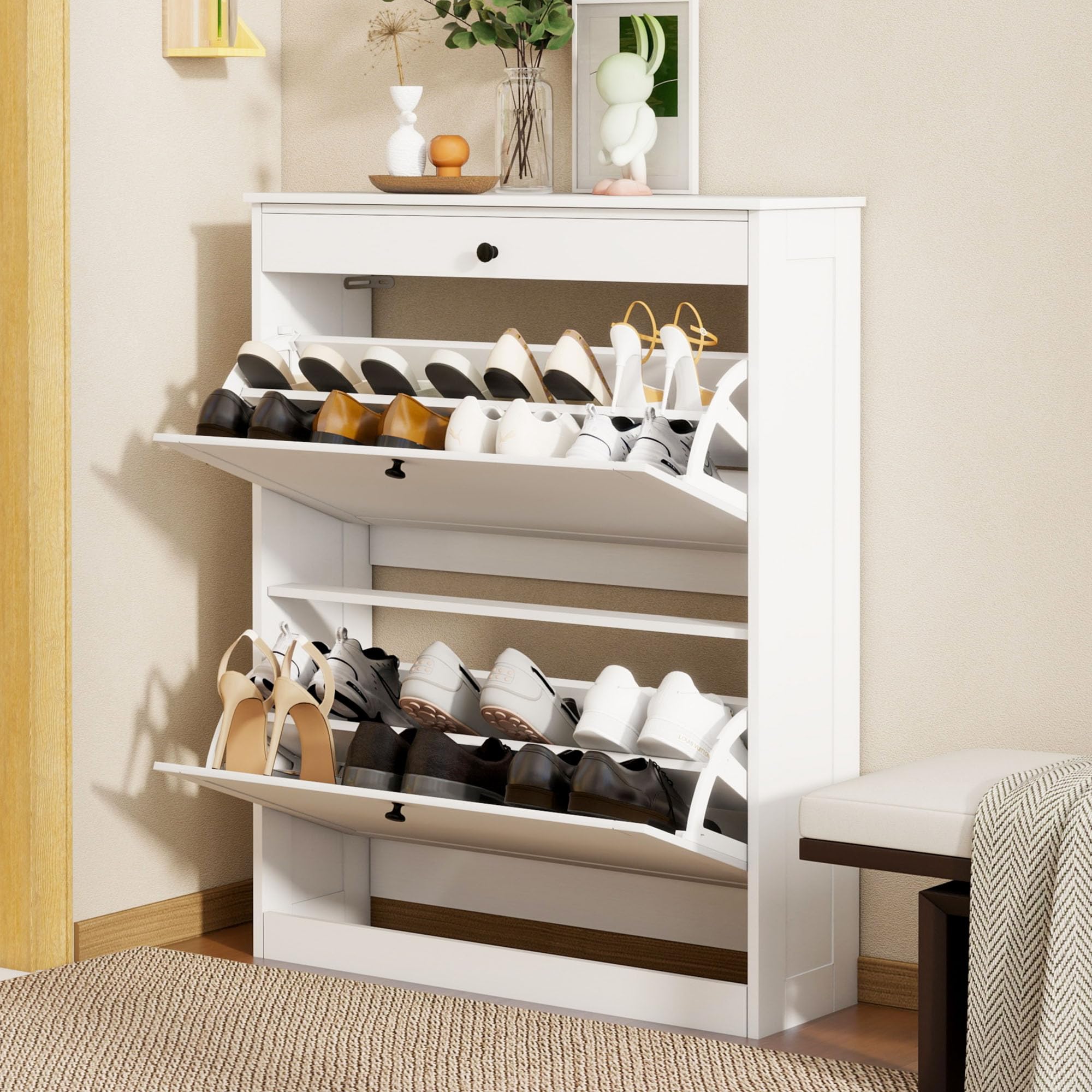 USED 靴箱　 Amazon.com: FTZxHKLX Shoe Cabinet with 2 Flip-Up Doors & Drawer