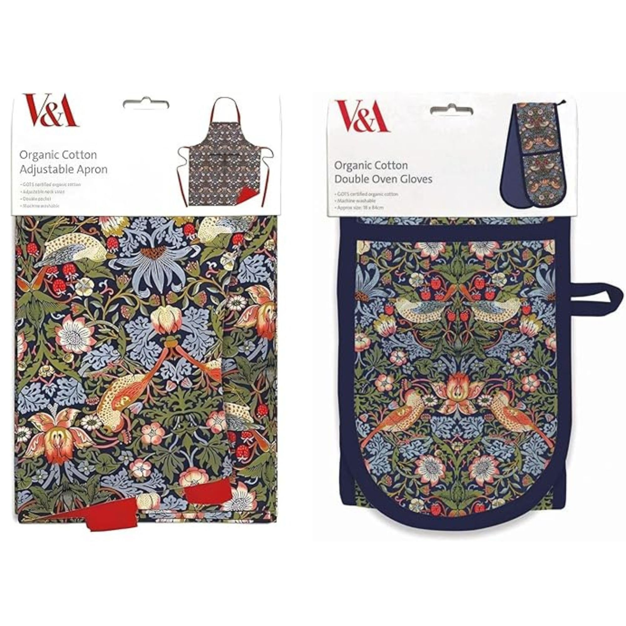 Museums & Galleries Double Oven Glove and Apron Set - William Morris 'Strawberry Thief' - Organic Cotton - Artistic Botanical Design - Stylish Kitchenware