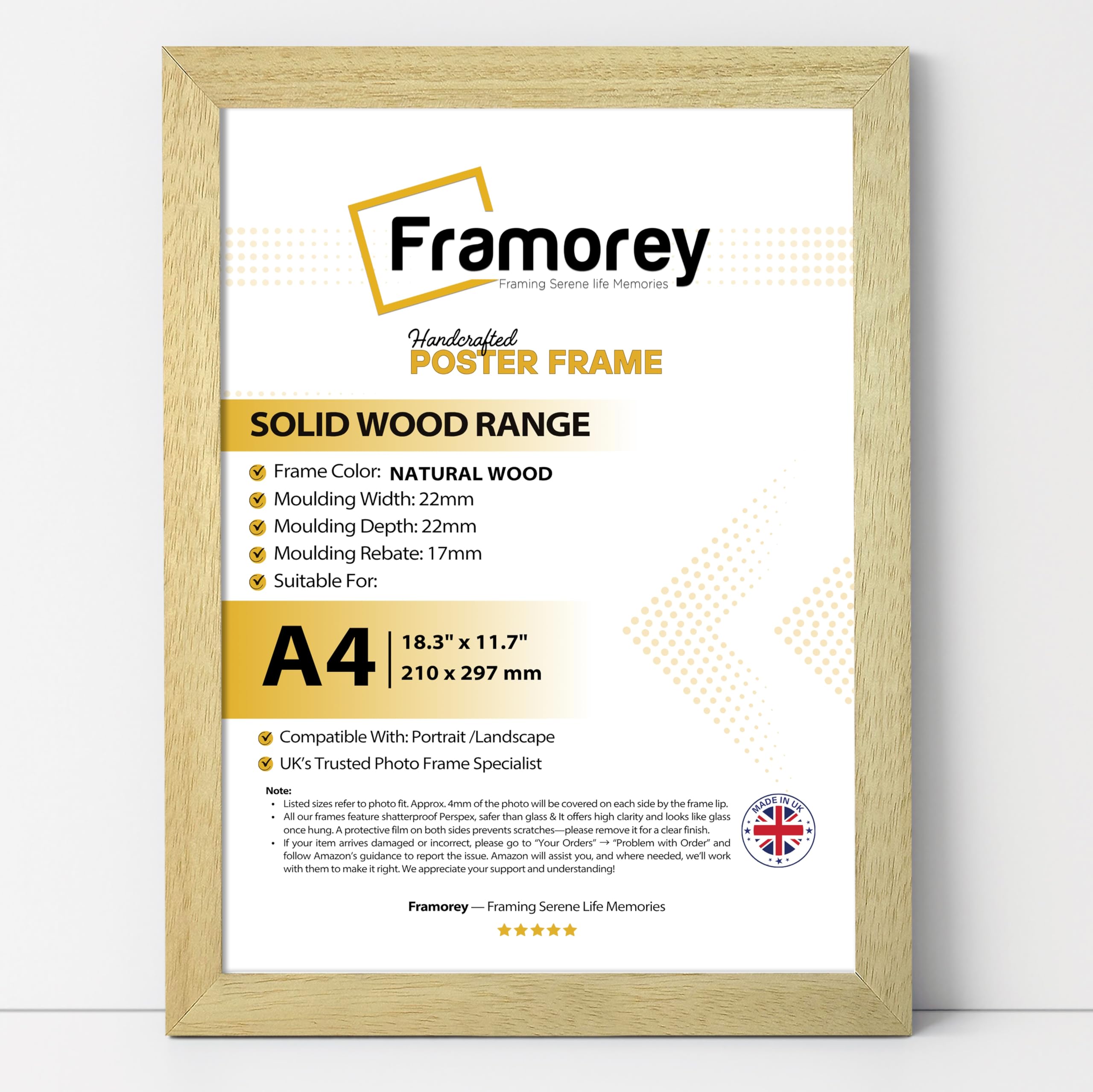 Framorey Framing Serene Life Memories Natural Wood Framorey A4 Frame, 100% Solid Wood Photo Frame, A4 Picture Frames, 21Cm X 29.7Cm Certificate Frame For Table Top And Wall Mounting, Home Decor Wall Art