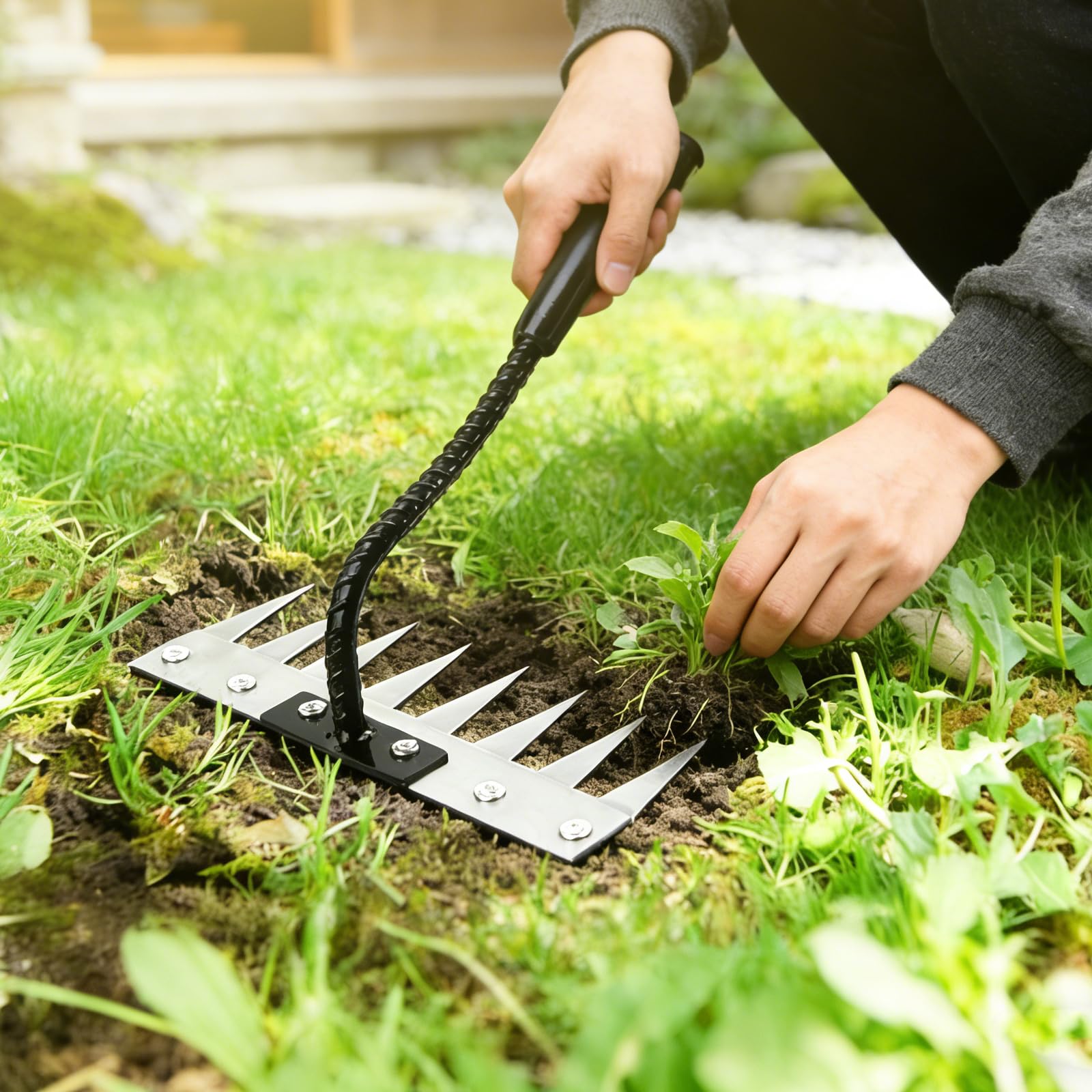 Les-Theresa Rastrello da giardino a 8 denti, in acciaio al carbonio, con manico lungo, strumento per rimuovere le erbacce, per diserbare, giardinaggio e allentamento del prato in cortile