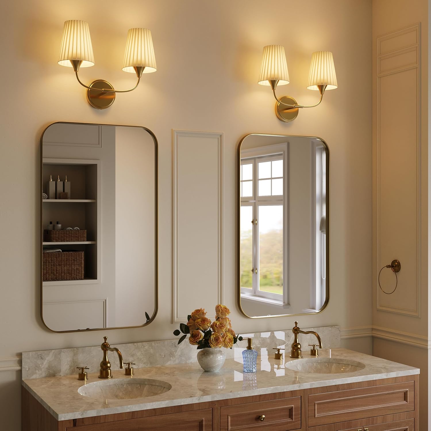 Bathroom Vanity Light with Fabric Shade, 2-Light Bathroom Vanity Light Over Mirror, Modern Light Fixtures for E26 Bulb, Flared Wall Lights for Bedroom, Hallway, Entryway, Powder Room (Gold)
