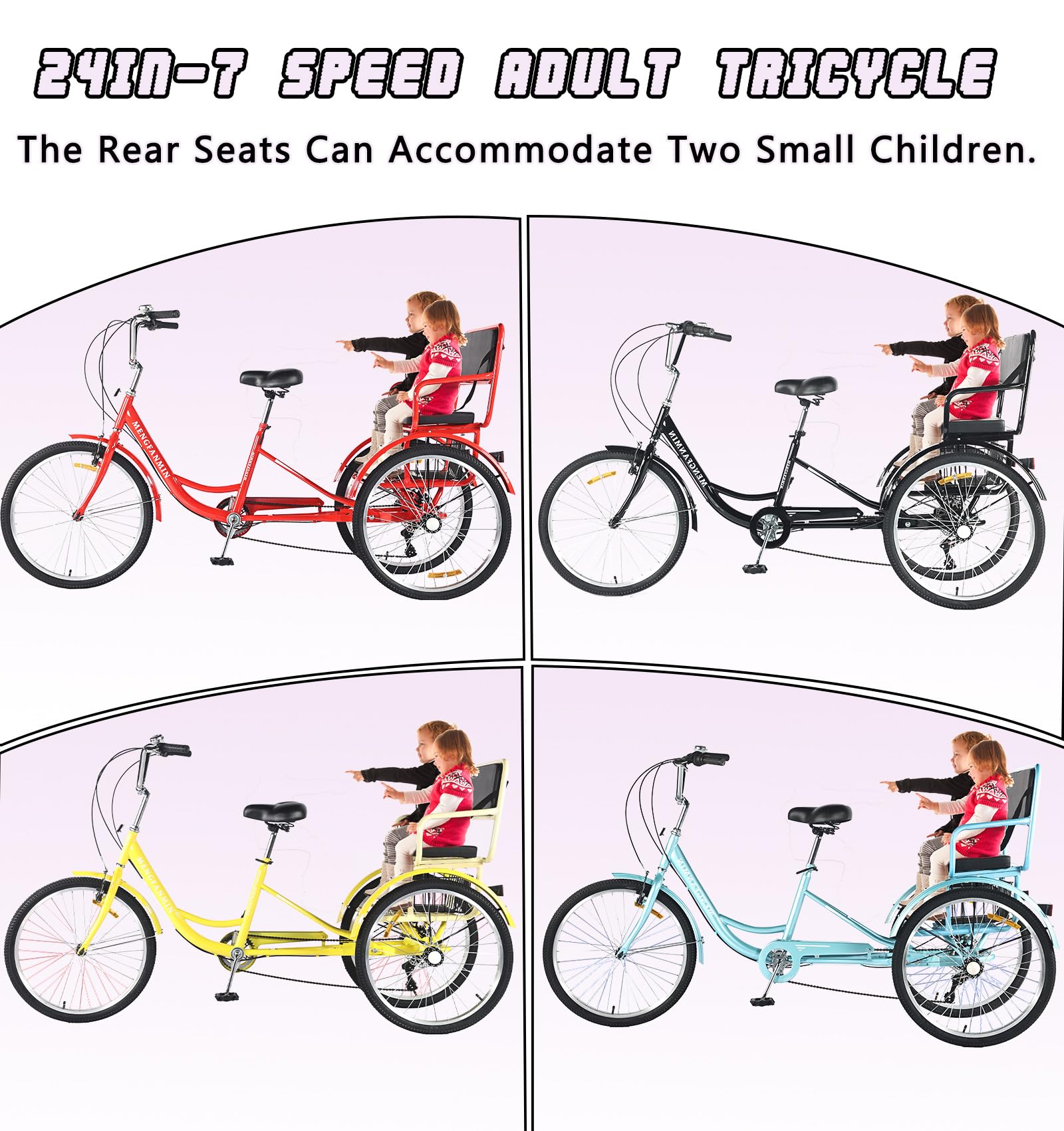 DONGSHAN Tricycle for Adults 7 Speed 24 inch 3 Wheel Bike for Adults Tricycle with Rear seat Adult Trike for Men Women Seniors (Blue)