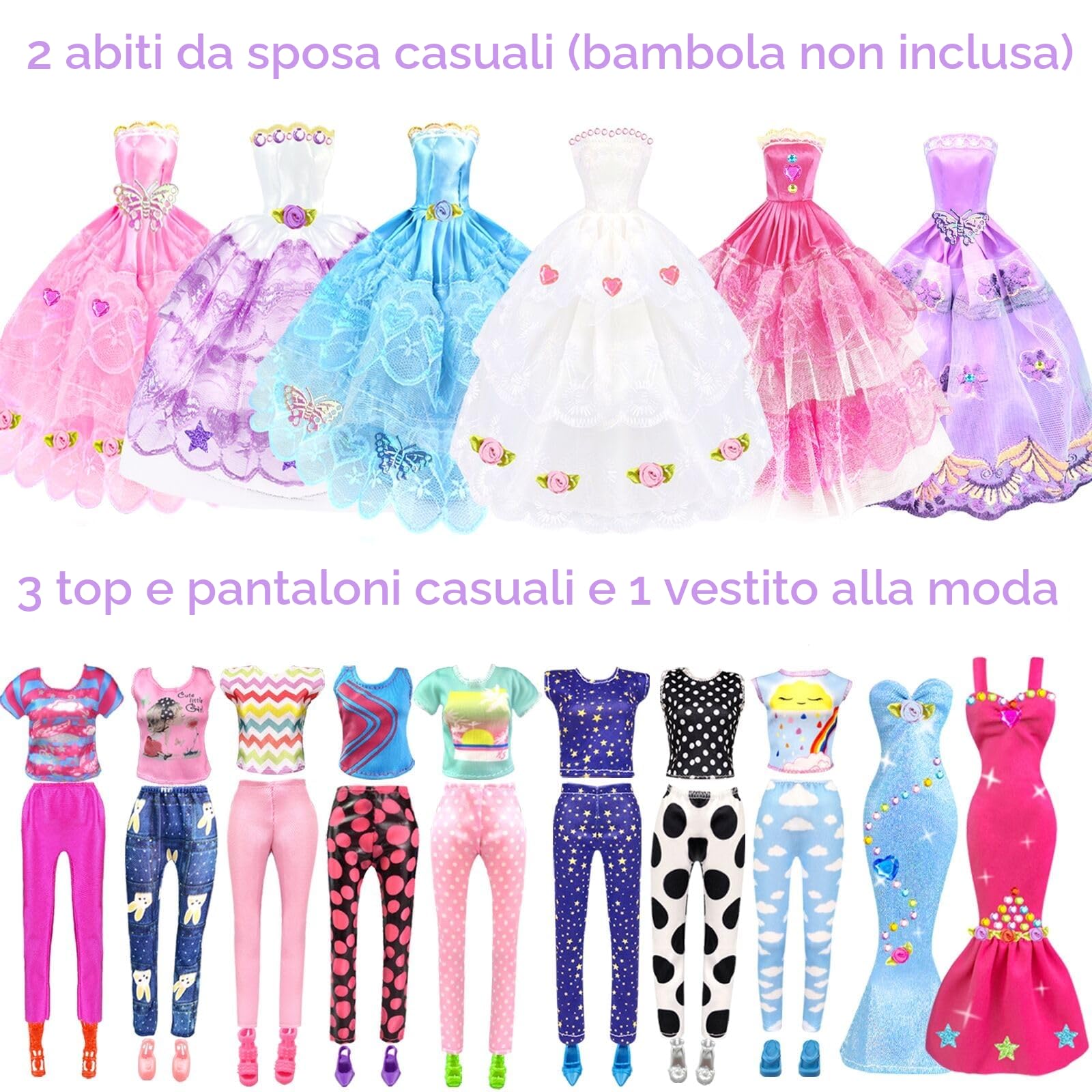 75pezzi Vestiti e Accessori per Bambole Dolls 11,5 Pollici Bambole Playset tra cui 2 Abito da bambola principessa 1 Vestiti di moda 2 Abito da festa 8 mini abiti 3 top e pantaloni 10 scarpe 6 collane