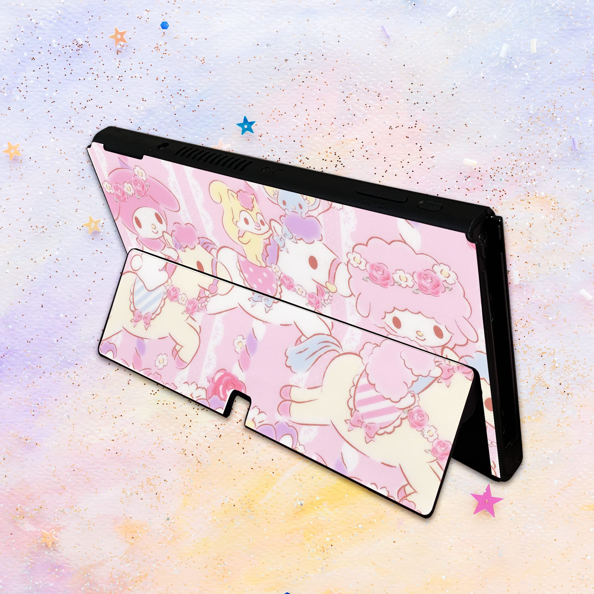 BelugaDesign Hello Melody Skin | Joli autocollant mignon mignon Kawaii rose pastel Anime | Compatible avec console d'accueil Nintendo Switch OLED Joycon