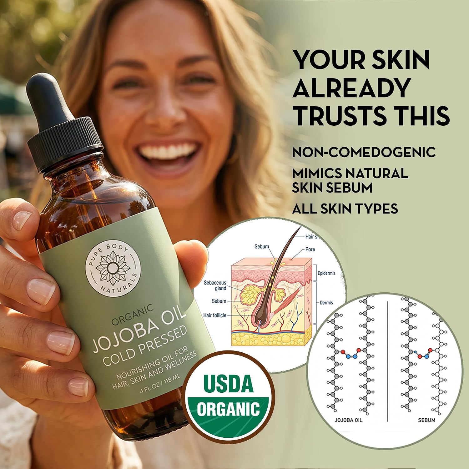 Pure Body Naturals Organic Jojoba Oil, 4 Fl Oz - 100% Pure, Organic, USA-Sourced, Cold Pressed Jojoba Oil for Skin, Face, Nails and Hair - Carrier Oil for Mixing Essential Oils
