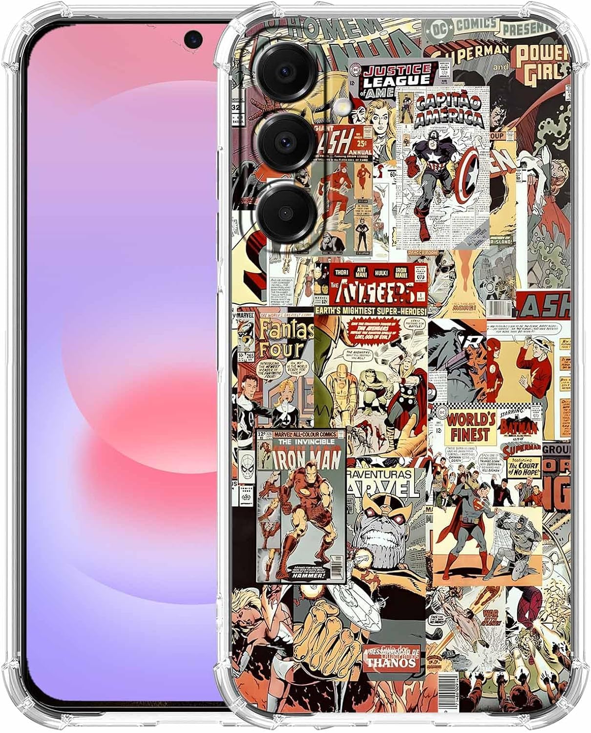 Case for Galaxy A37 with Superhero Design,Cartoon Comic Pop Culture Art Collage Pattern,Clear Soft TPU Bumper Phone Cover,6.7" (Hero,A37)