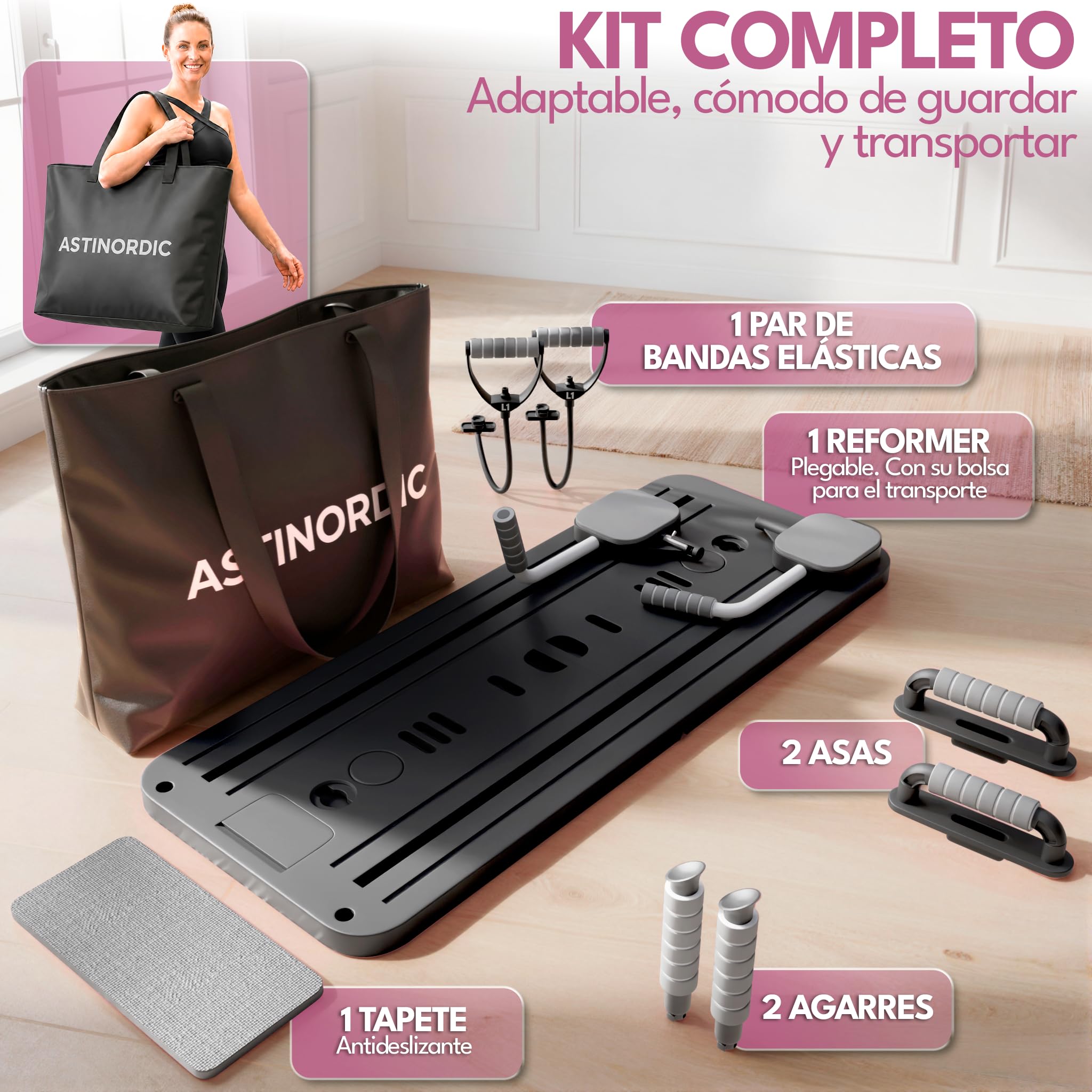 Pilates Reformer Plegable con Accesorios + Guía de 10 Ejercicios, Pilates Board para Casa, Tabla Pilates Multifuncional, Mini Reformer Pilates, Máquina Pilates Home Gym