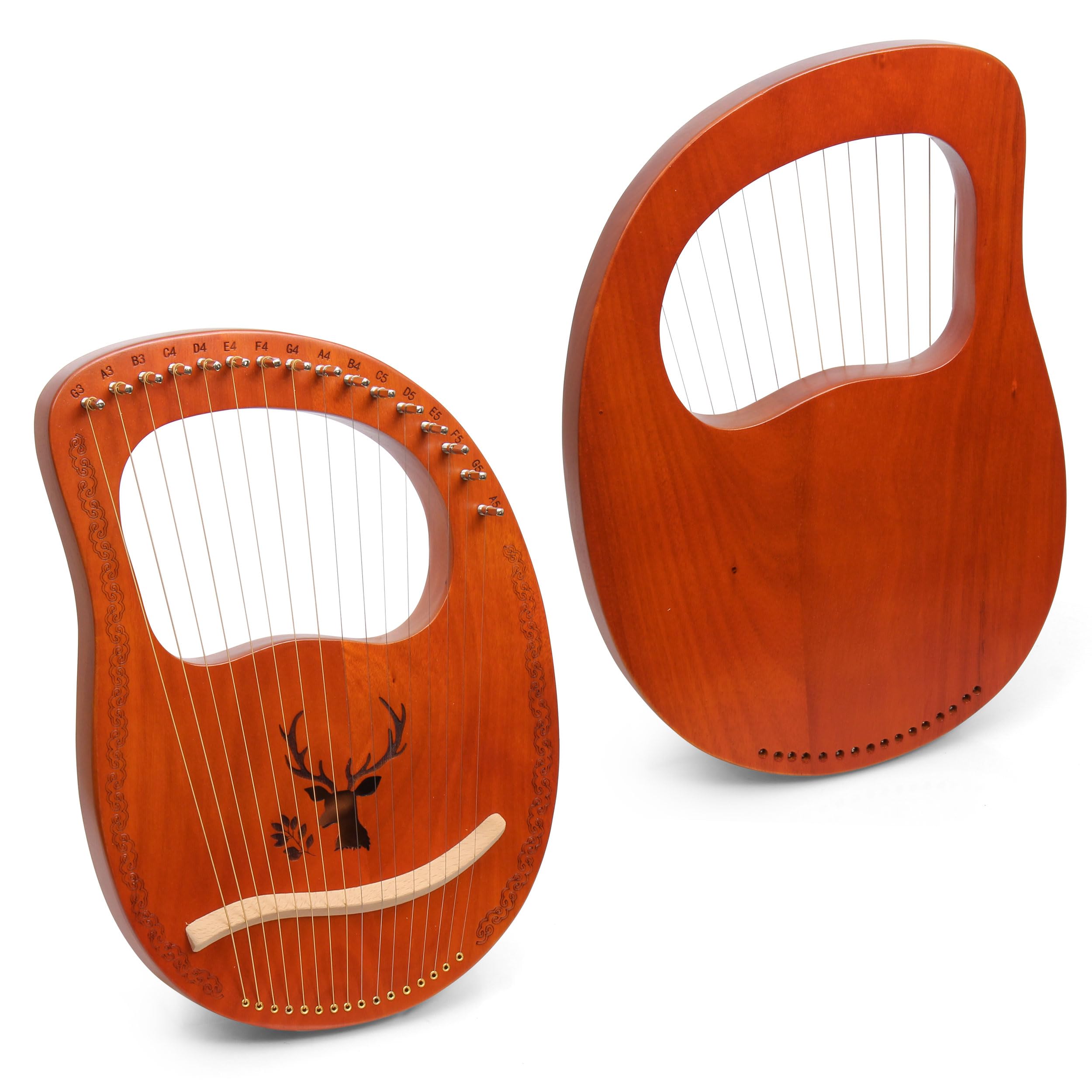 Lyre Harpe 16 Cordes Métalliques en Acajou Petite Harpe Portable Harpe Lyre Métal Selle avec Clé de Réglage et Housse Noire, Marron, Motif d'élan