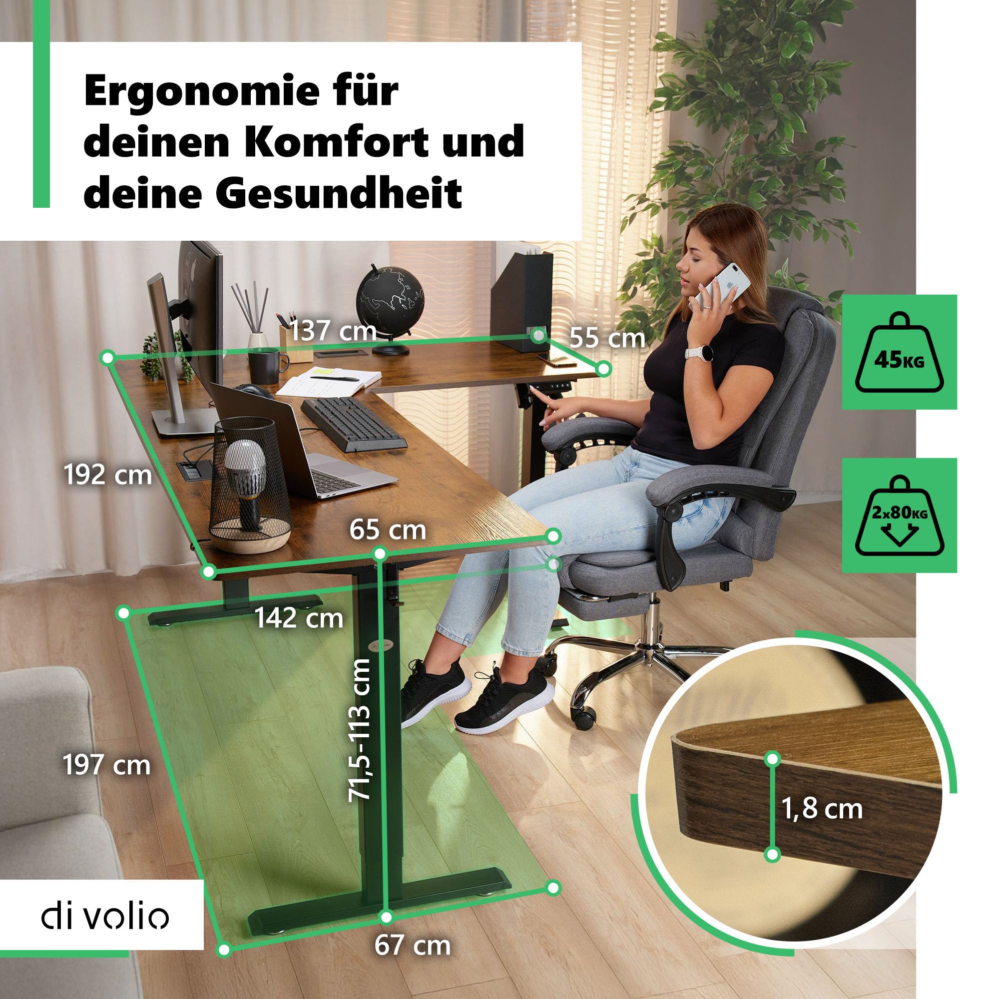 di volio Höhenverstellbarer Eckschreibtisch Braun Rechts 192×137 cm Trani | Elektrischer L-Schreibtisch, 2 Motoren, Memory-Funktion, stabile Konstruktion, Kabeldurchlässe, Haken, für Homeoffice