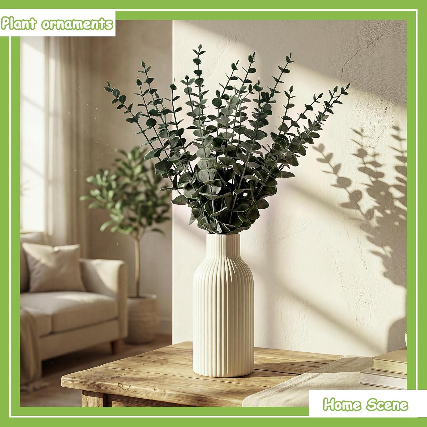 LemonRoad 2 Pack Artificial Eucalyptus Stem in Ceramic Vase 19" Fake Greenery Plants for Home Decor 40 Pcs Modern Indoor Fake Eucalyptus Stem for Table Centerpiece Living Room Bathroom