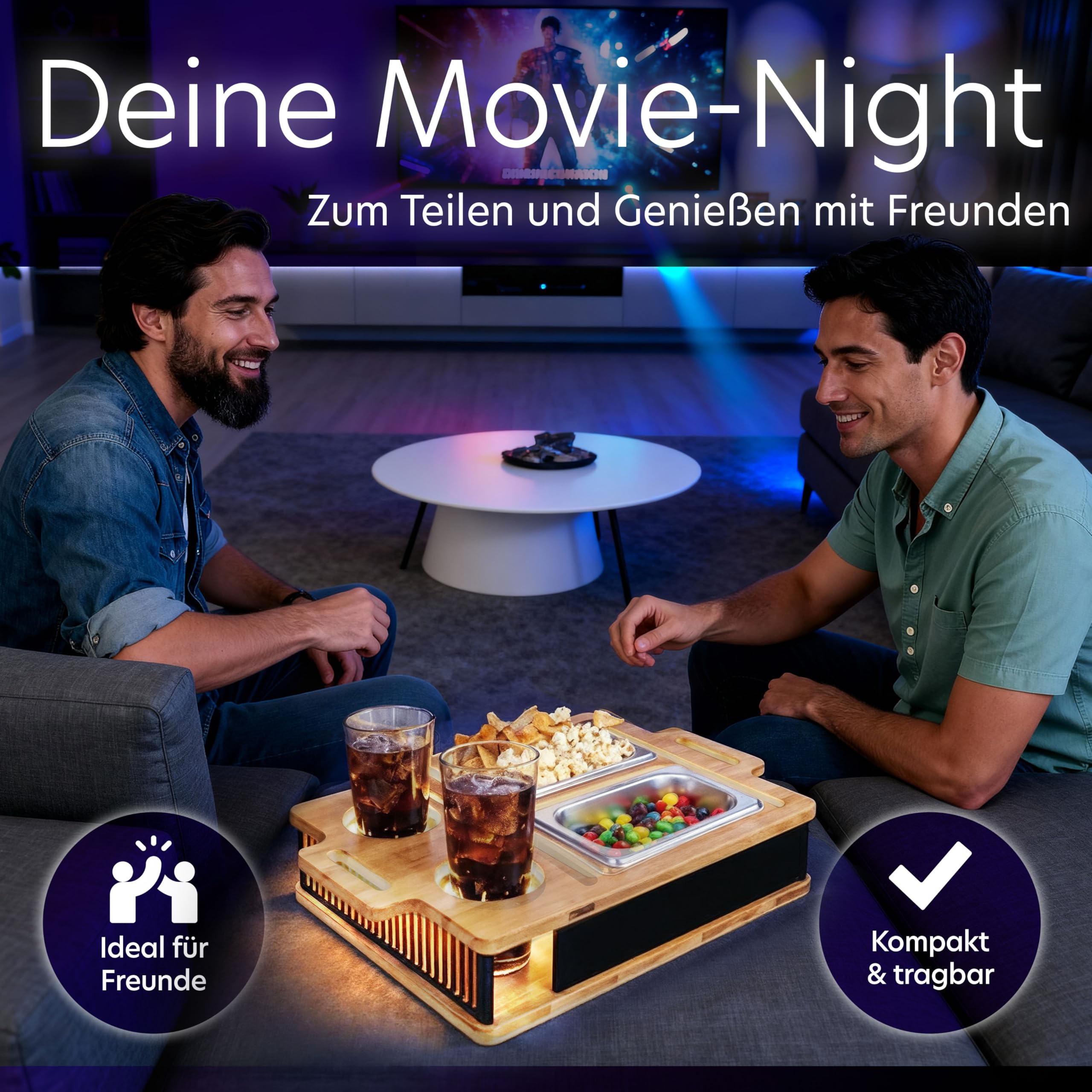 AH® Couchbar Snackbox mit Leuchteffekt – Bambus Sofa Tablett mit 2 Edelstahl-Schalen, Handy- & Getränkehalter – Couch Organizer & Geschenk für Männer & Frauen