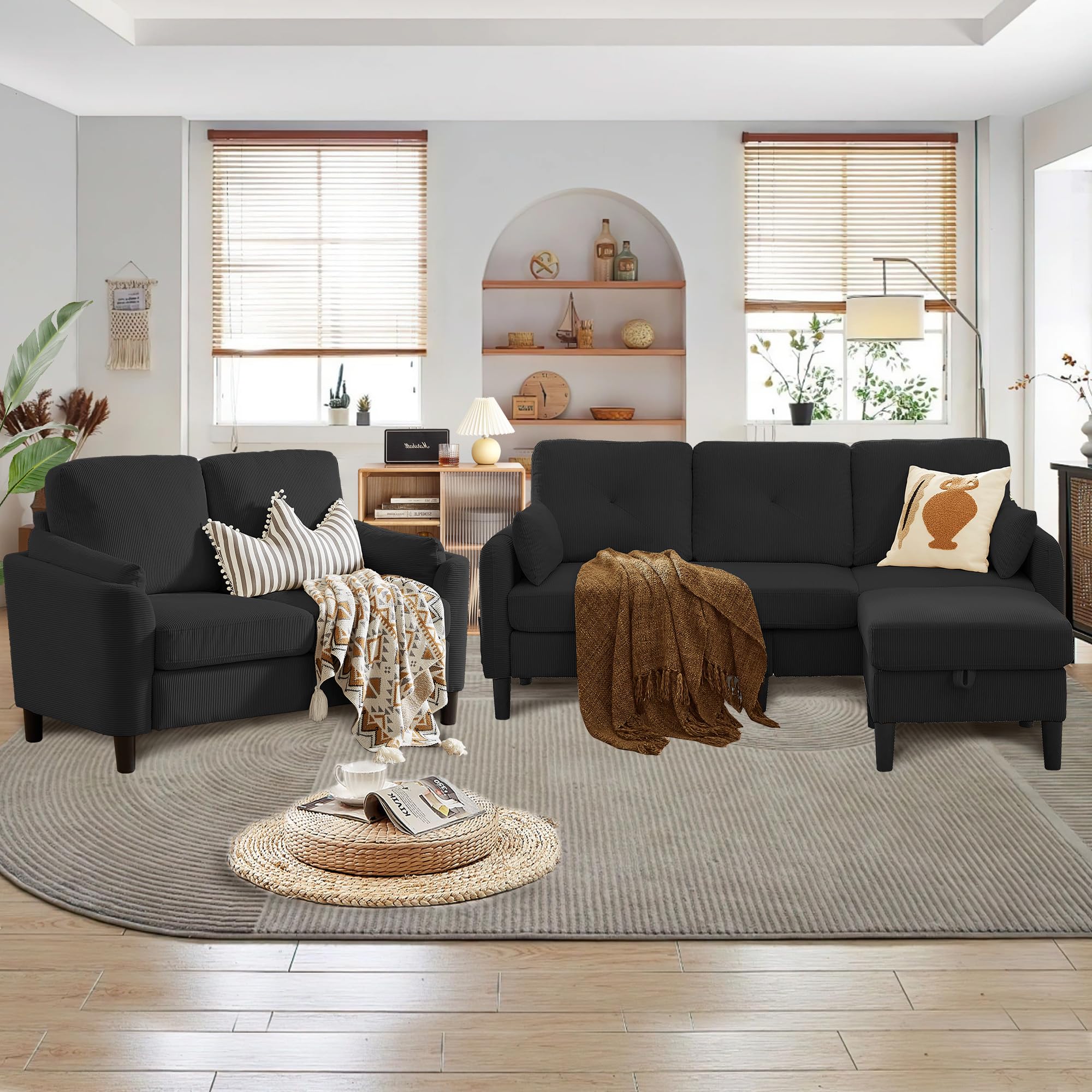 77.17" 3 Piece Corduroy Sofa Set with Storage Ottoman &amp; Loveseat, L Shaped Sectional Couch with Side Pockets, Convertible Living Room Furniture Set for Small Space