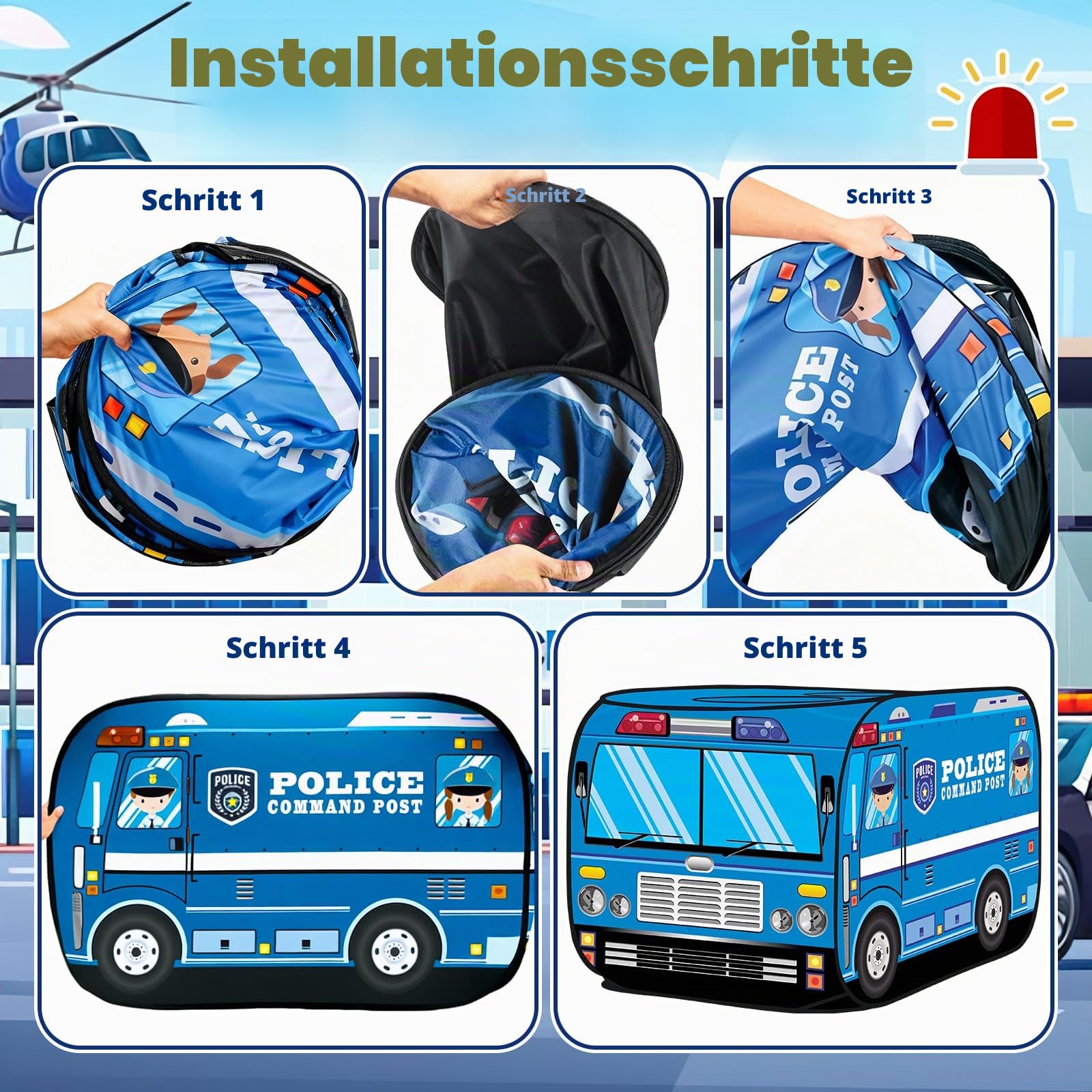 deAO Kinderzelt Pop up Spielhaus – Faltbares Kinderspielzelt für Jungen & Mädchen ab 3-8 Jahre – Indoor Outdoor Spielzelt mit Fenster– Ideale Geschenkidee zum Geburtstag für kleine Polizisten