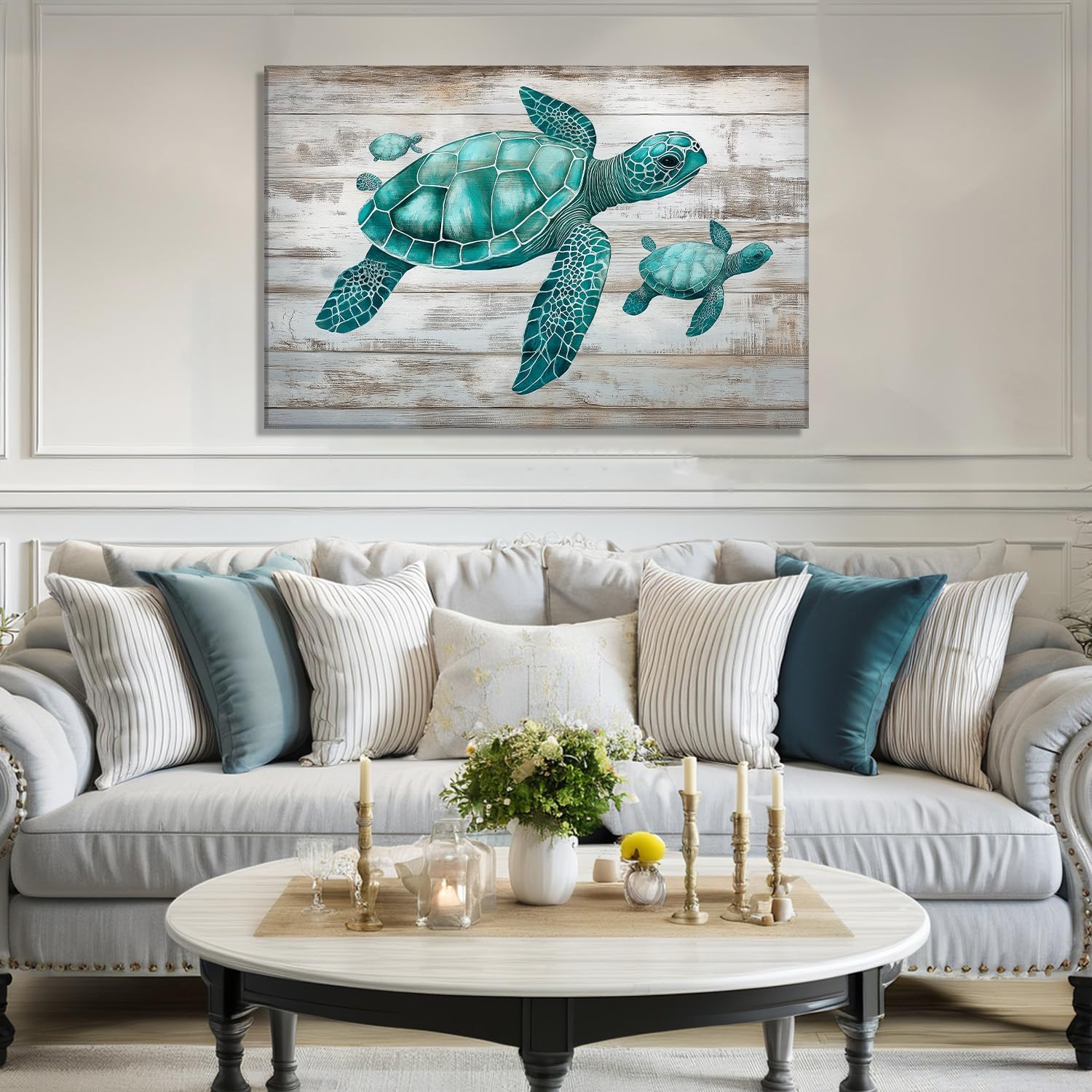 Sea Turtle Canvas Wall Art Bathroom Wall Decor Ocean Turtle on Wood Background Picture Prints Vintage Artwork for Farmhouse Decor Framed(Art-6,12.00x18.00 inch)