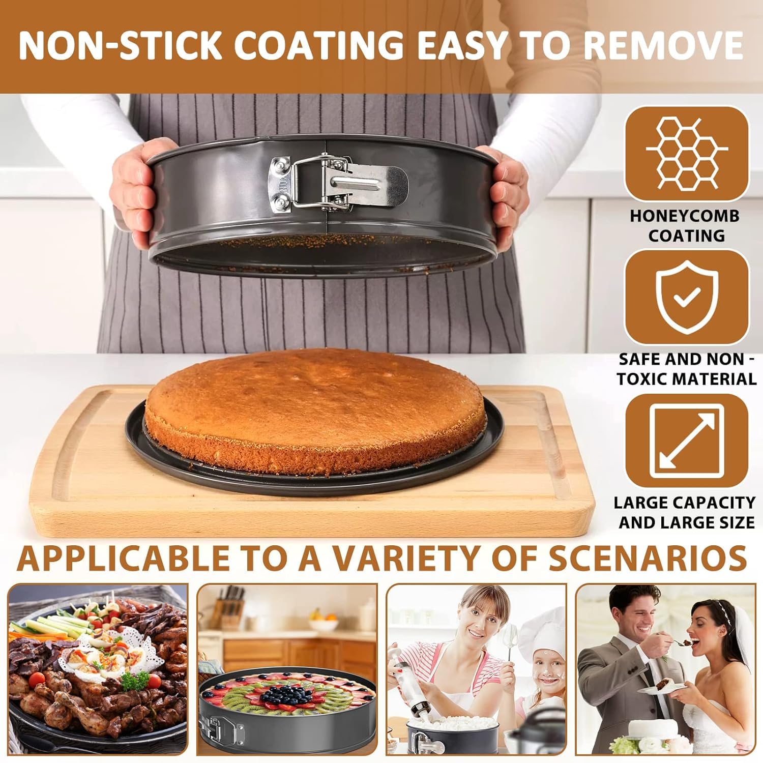 4 Pezzi Tortiera 16/20cm Rotonda e 22/26cm Quadrata, Rivestimento Antiaderente Teglie da Forno, Acciaio al Carbonio Teglia Torta con Fondo Rimovibile, Grigio