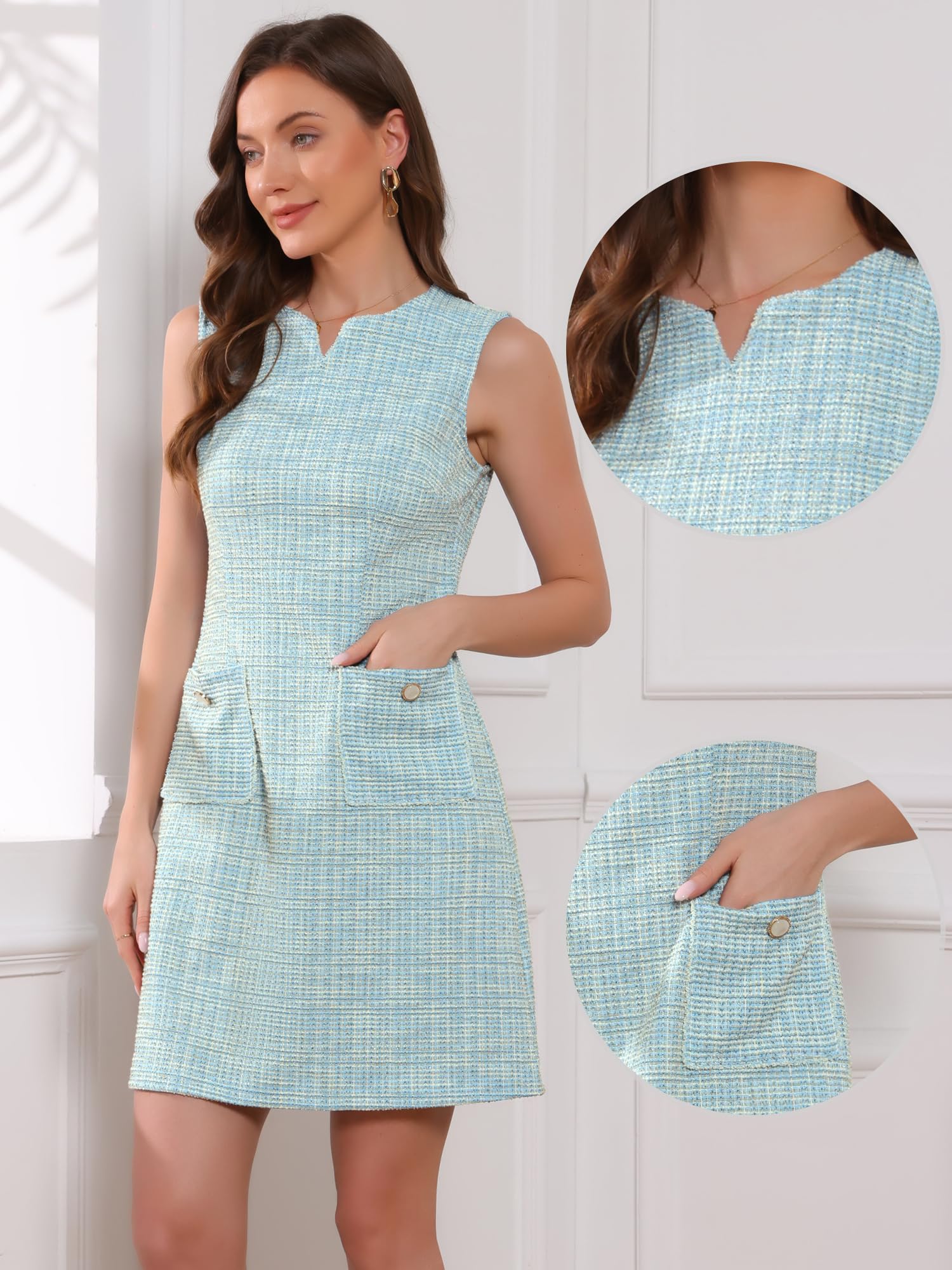 Allegra K Vestido de tweed para mujer, elegante, a cuadros, sin mangas, casual, por encima de la rodilla