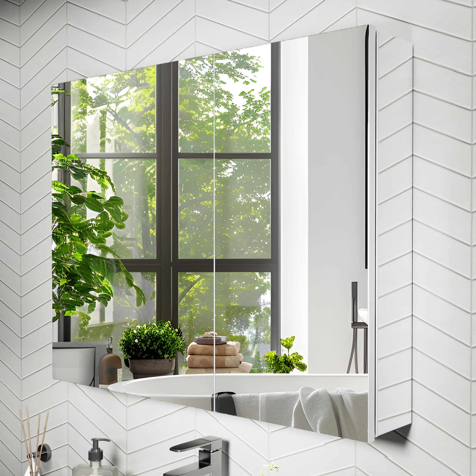 30x24 Inch Recessed Medicine Cabinet with Mirror, Aluminum Medicine Cabinet Mirror, Recessed or Surface Mount with 2 Adjustable Shelves Storage