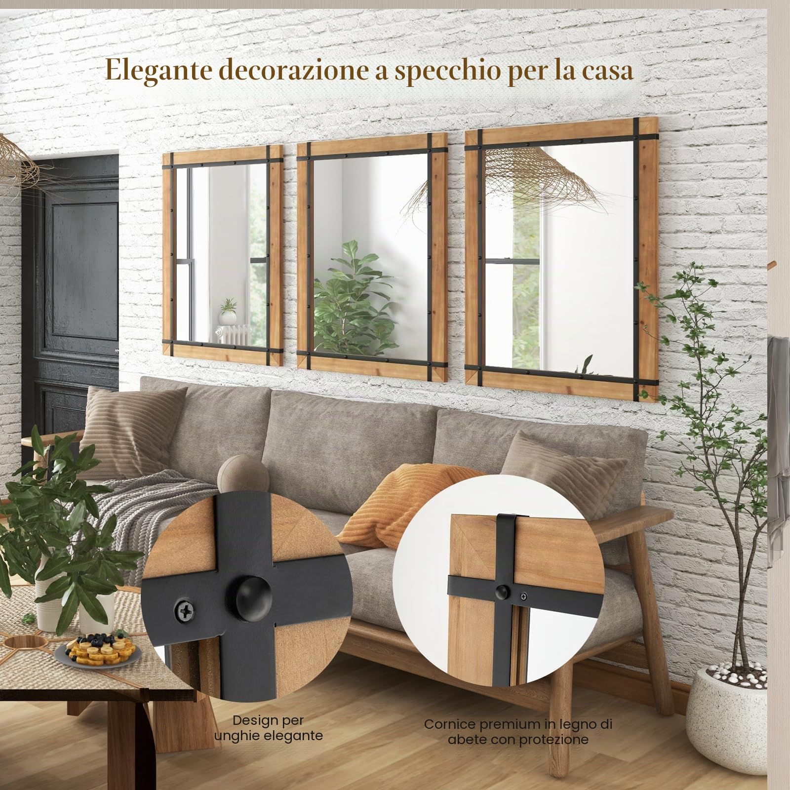LIFEZEAL Specchio decorativo da parete 77 x 100 cm, specchio rettangolare con cornice in metallo e legno di abete, specchio da parete in stile rustico, per camera da letto, bagno, soggiorno,