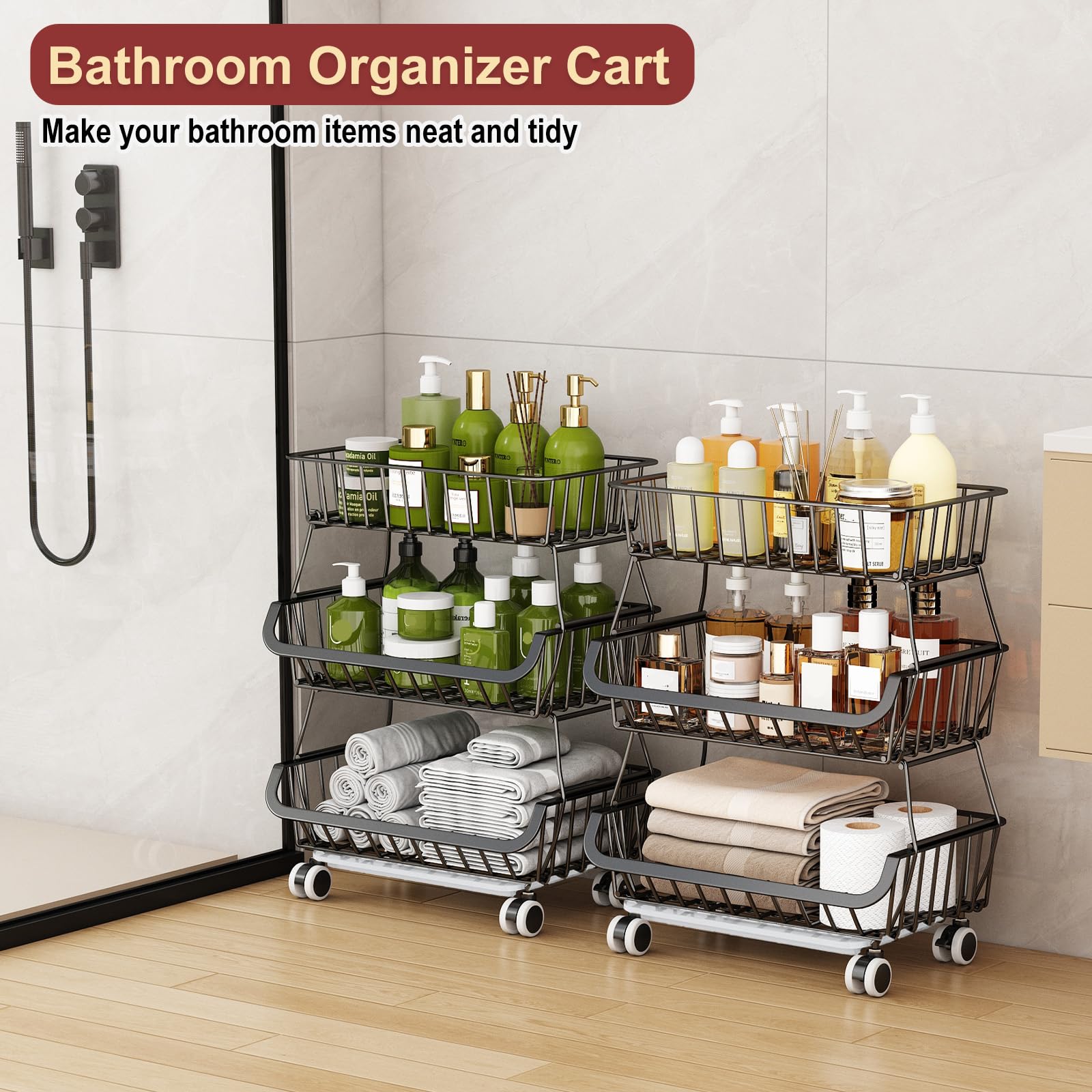 Carrito de despensa rodante de 3 niveles con ruedas, organizador de piso de almacenamiento de alambre apilable para estantes de cocina, despensa, soporte de cesta de frutas, estante de