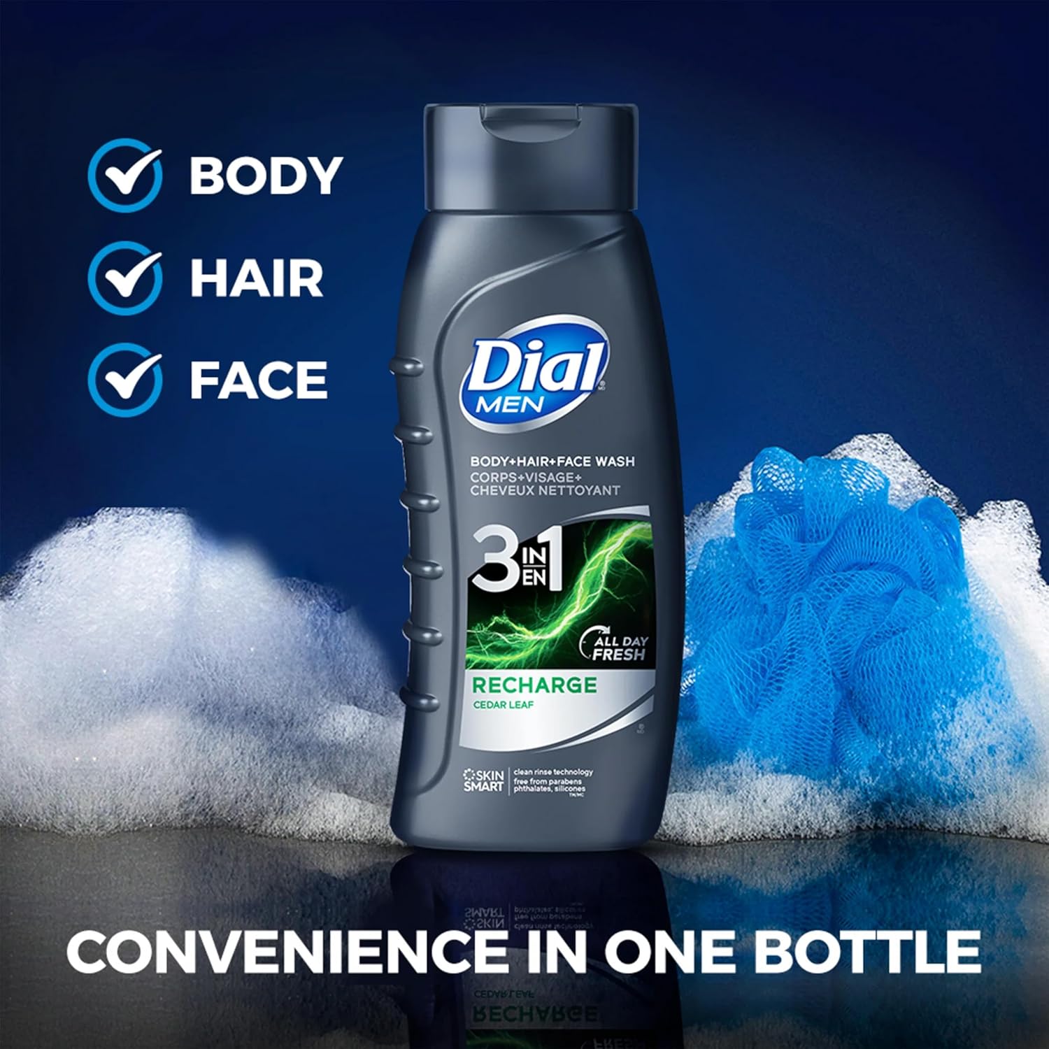Dial Men Body Wash, 3 Pack, Recharge 3-in-1 Body, Hair and Face Wash, Cedar Leaf Scent, Long Lasting All Day Fresh Body Wash for Men, 20 oz. Each