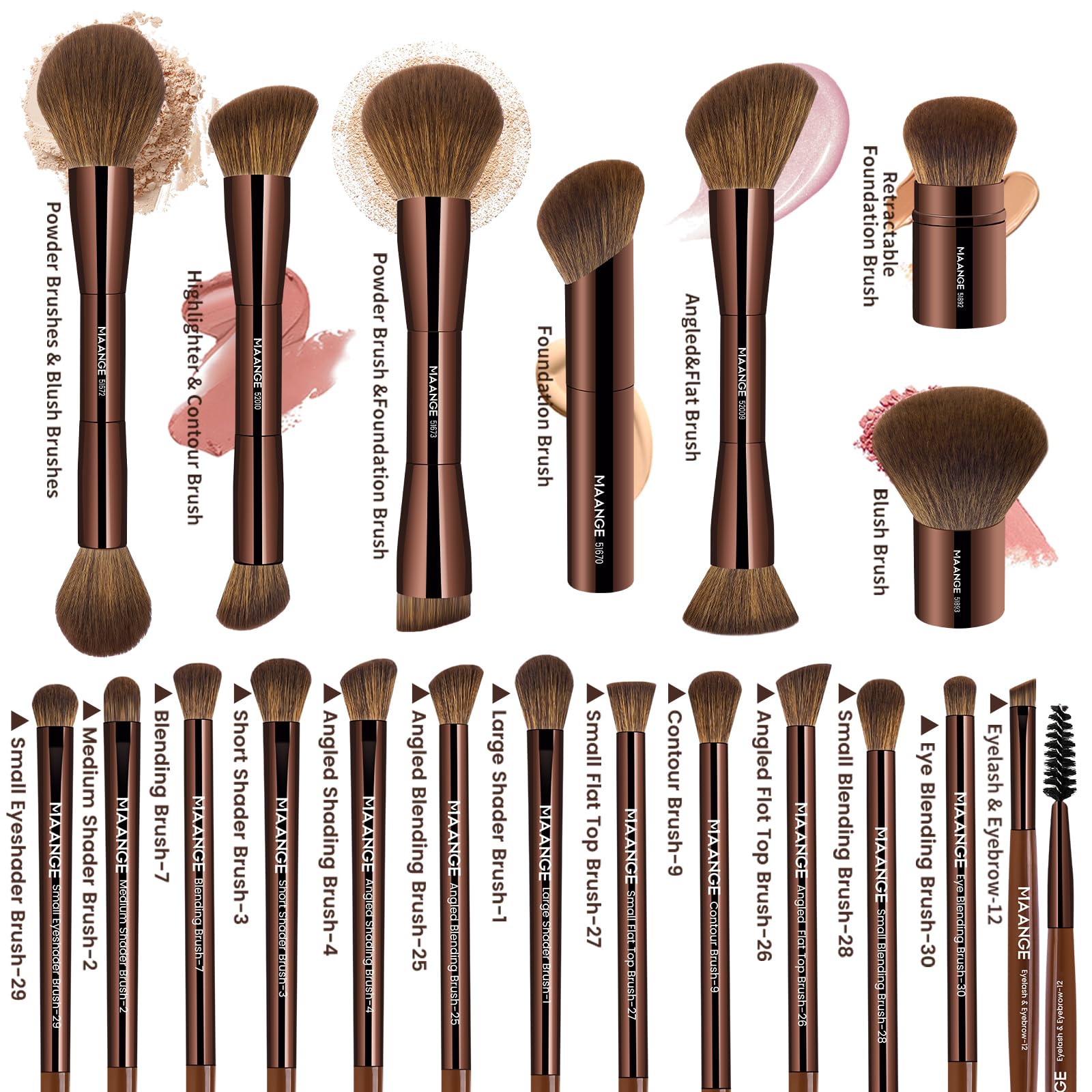 MAANGE 20 pennelli da trucco con confezione regalo, pennelli multifunzione a doppia estremità per miscelare polvere liquida, correttore, crema, fard, marrone scuro