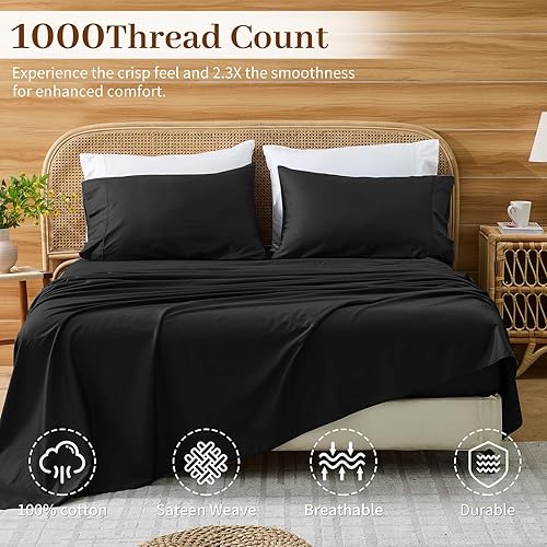 Miniatura 2 de Bedlifes Sábanas de algodón egipcio de 1000 hilos, tamaño Queen, 4 piezas con bolsillo profundo de 16 pulgadas, ropa de cama ultrasuave refrescante