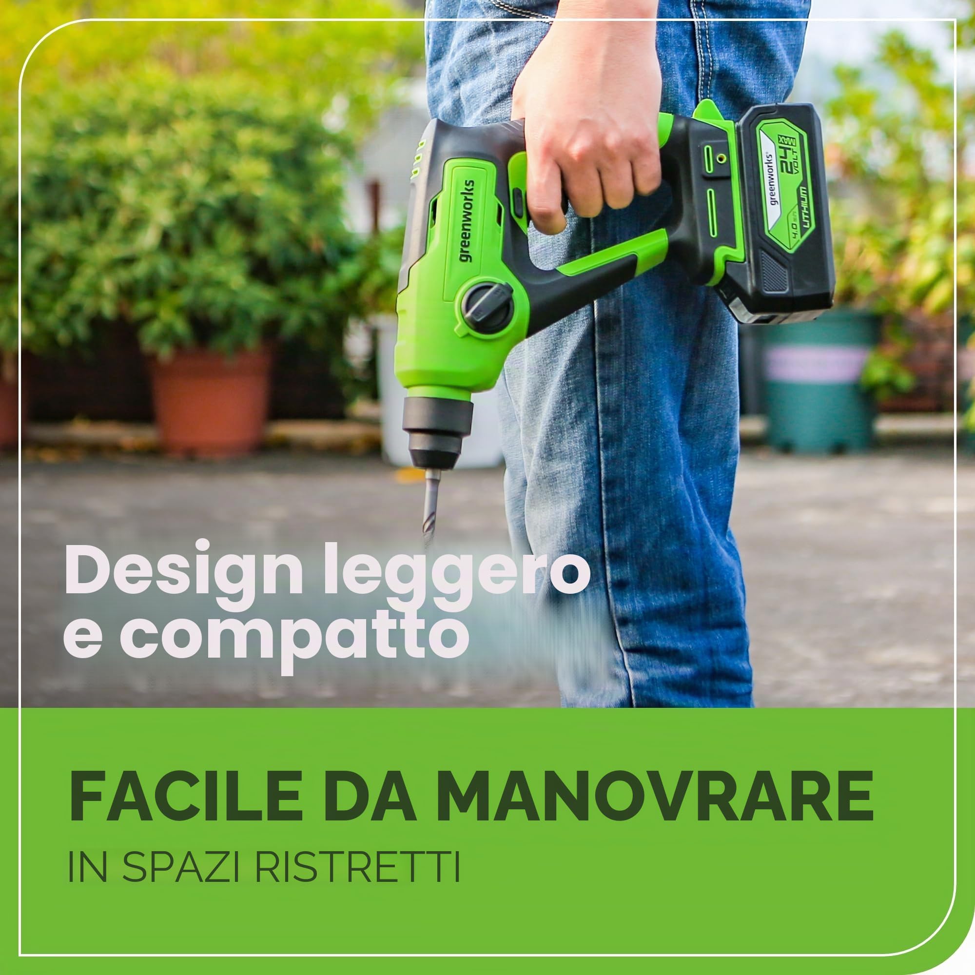 Greenworks Martello Tassellatore a Batteria 1.2J, Martello Perforatore SDS Plus, 24V Brushless, 2 Funzioni, Velocità regolabile, LED, Batterie al Litio 2Ah