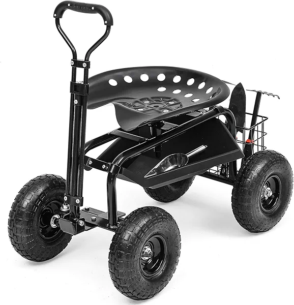 Autodaya Rolling Garden Cart with 360° Swivel Work Seat, Adjustable Height, 10" Pneumatic Tires, Tool Tray & Storage Basket, Extendable Handle, Reduces Back & Spine Strain