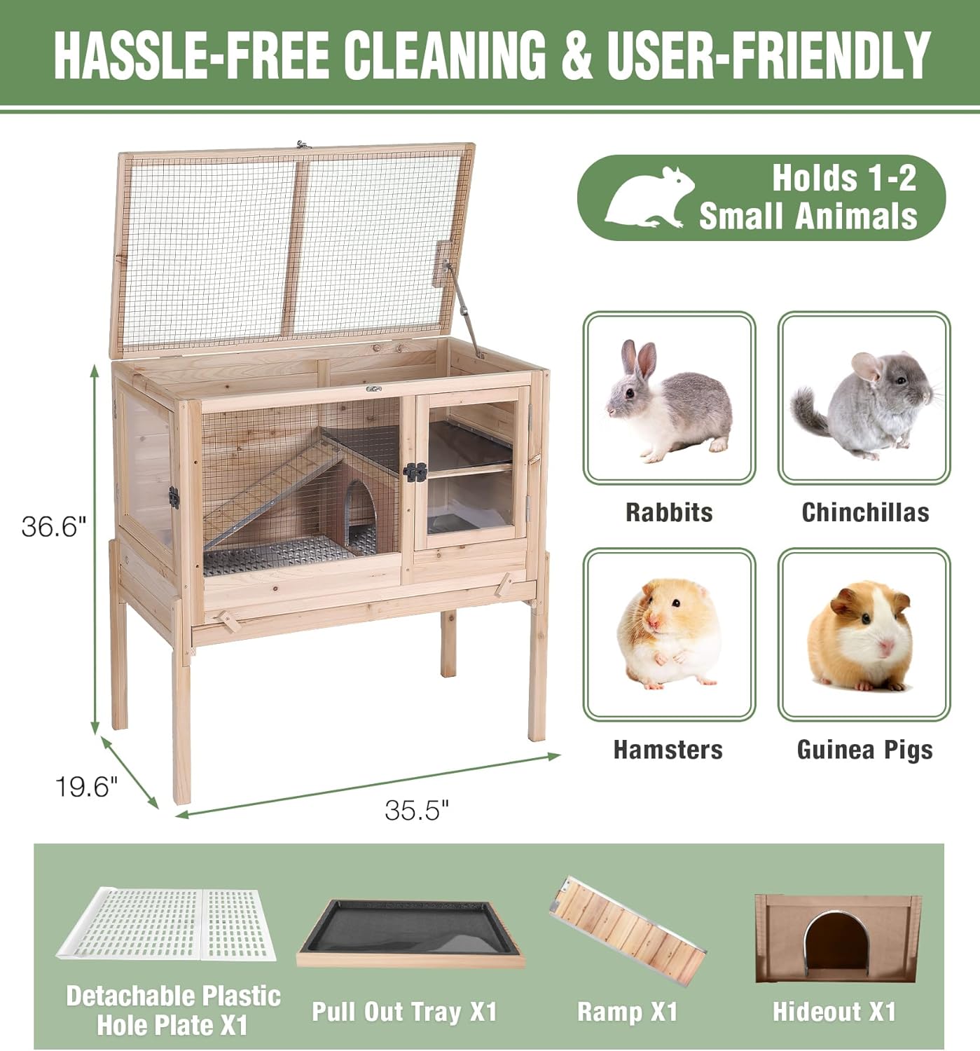 GUTINNEEN Guinea Pig Cage Rabbit Cage Indoor with Chew-Proof Edges, Clean Deep Tray, Leakproof PVC Layer, Small Animals Cage with Adjustable Legs - Natural Wood Color