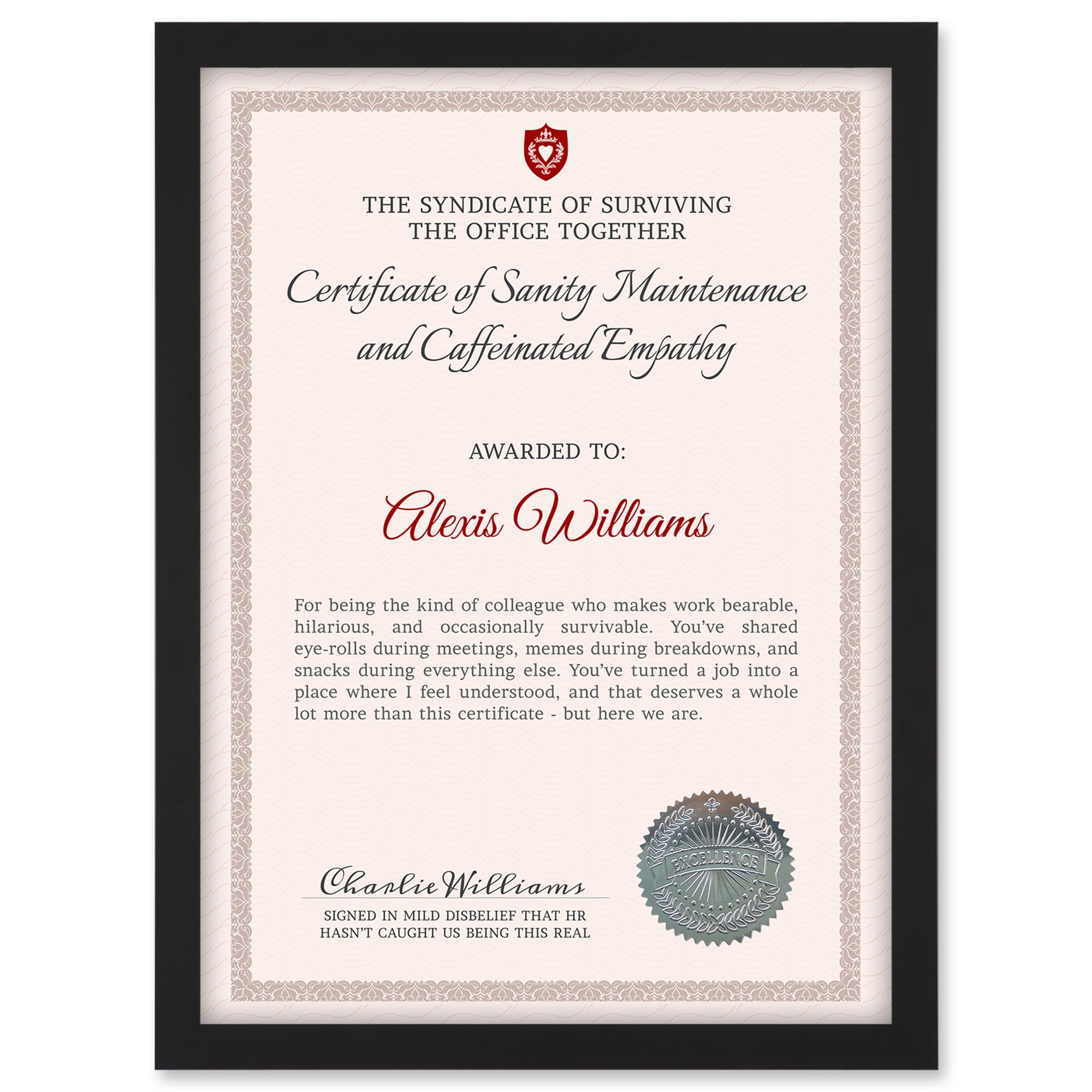 Artery8 Personalised Certificate Colleague Sanity Maintenance Caffeinated A4 Black Framed Diploma Novelty Award Thank You Birthday