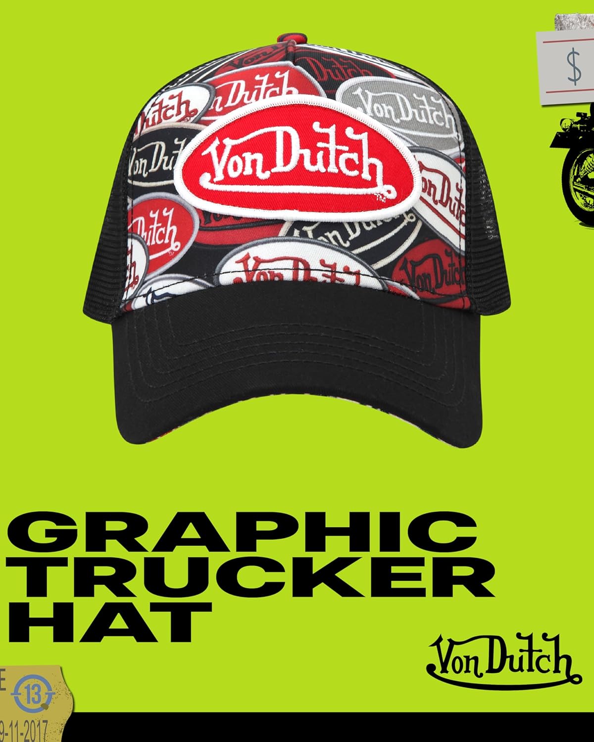 Von Dutch Monogram Trucker Cap - Retro Snapback Cap for Men and Women - Adjustable Snap Fit Panel, Mesh Rear, Curved Bill